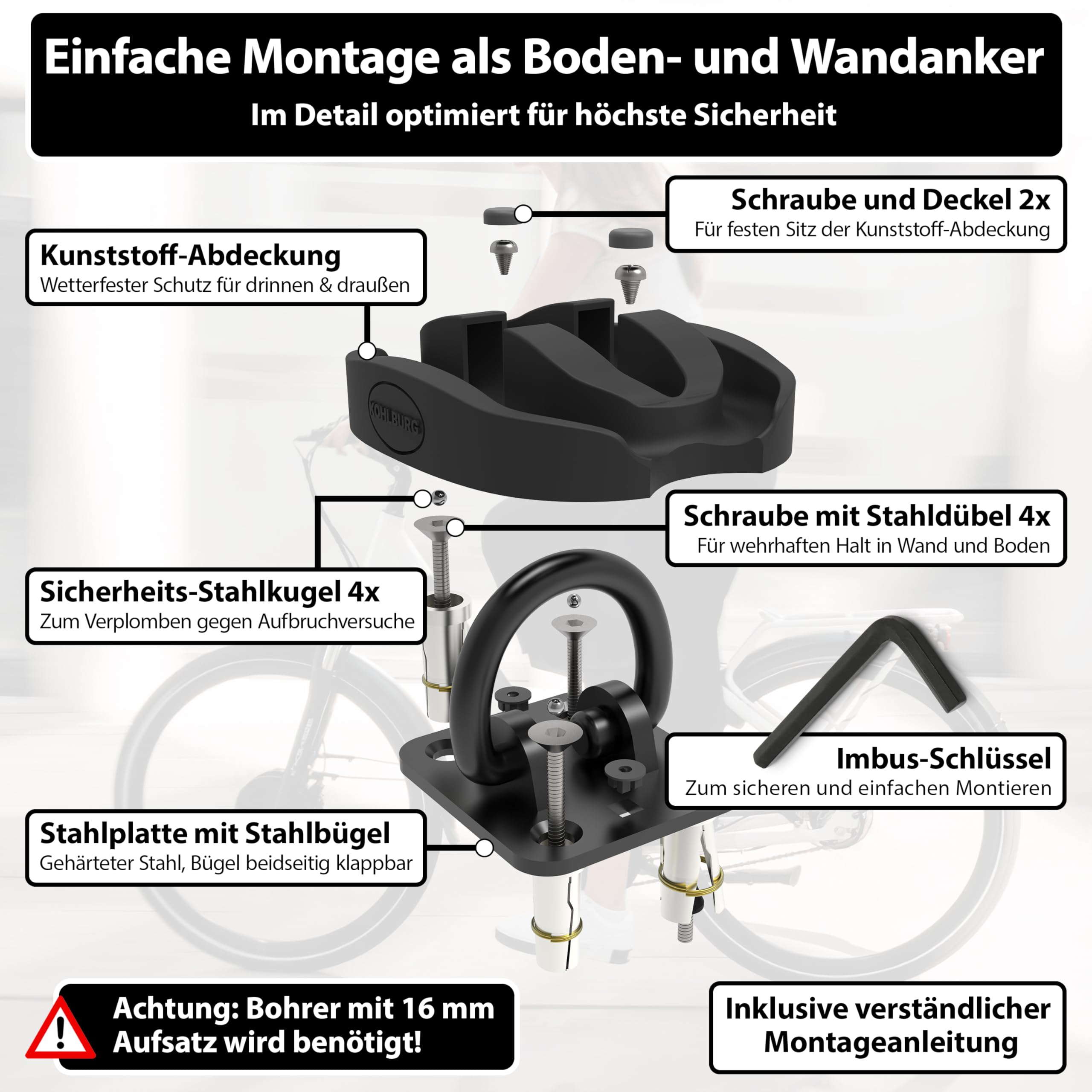 KOHLBURG Sicherheits- Bodenanker & Wandanker mit höchster Sicherheitsstufe 15 – Anker für Motorrad Scooter E-Bike & Fahrrad mit 14mm Spezialstahl Bügel – Fahrradschloss Wand & Boden in Keller & Garage