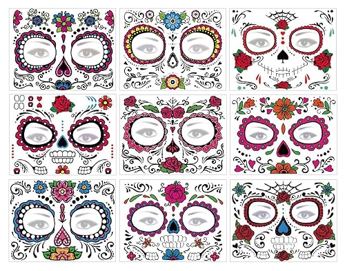 Miniatura 5 de Tatuajes faciales para cicatrices de araña, 9 hojas, máscara de telaraña, broma, calcomanías temporales, tatuajes realistas para niños, niñas,