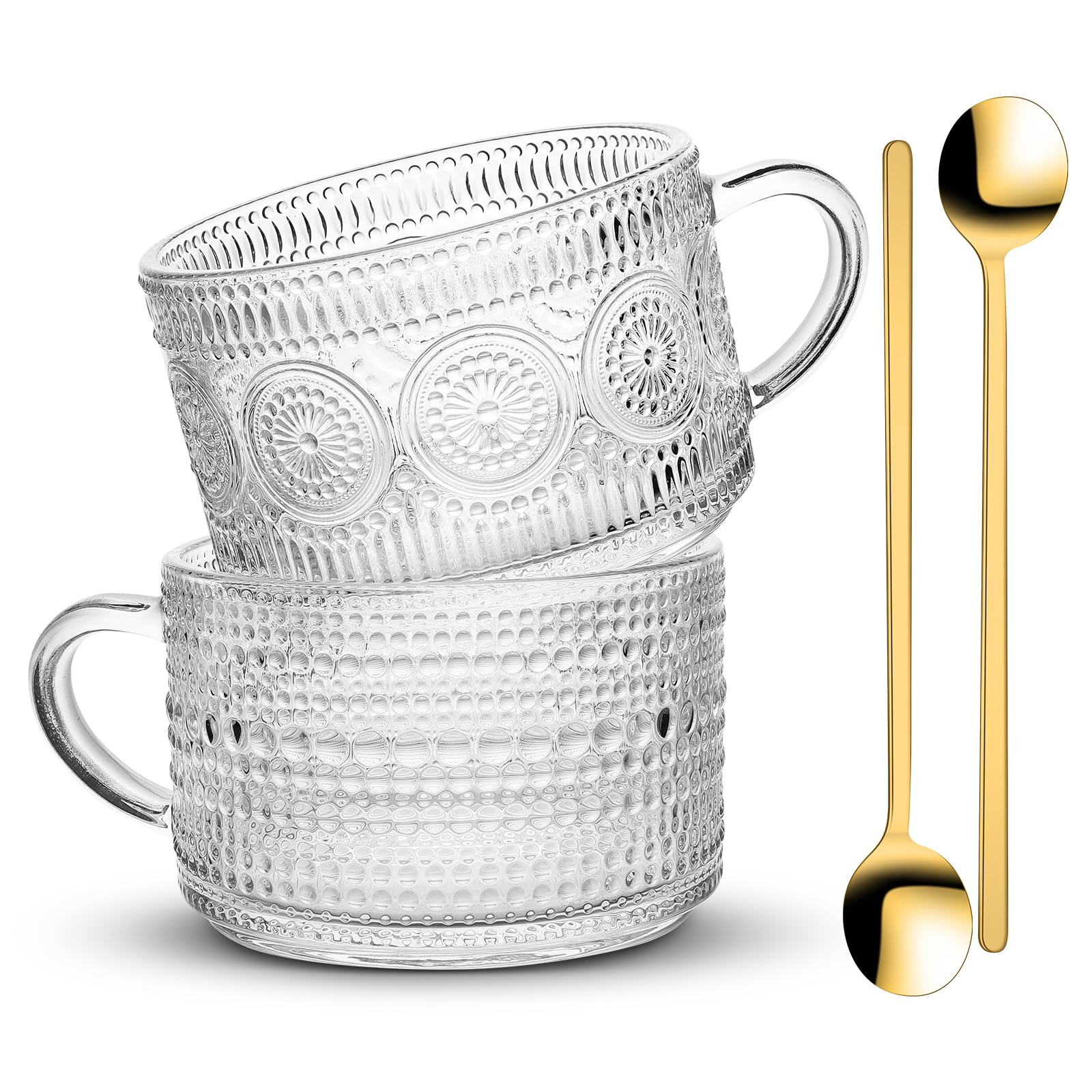 Viabrico Vintage Coffee Mugs Set of 2, 14 oz Handle Glass Coffee Cups Gift for Cappuccino, Latte, Coffee Bar Accessories, Overnight Oats, Yogurt, Milk, Hot or Cold Beverages