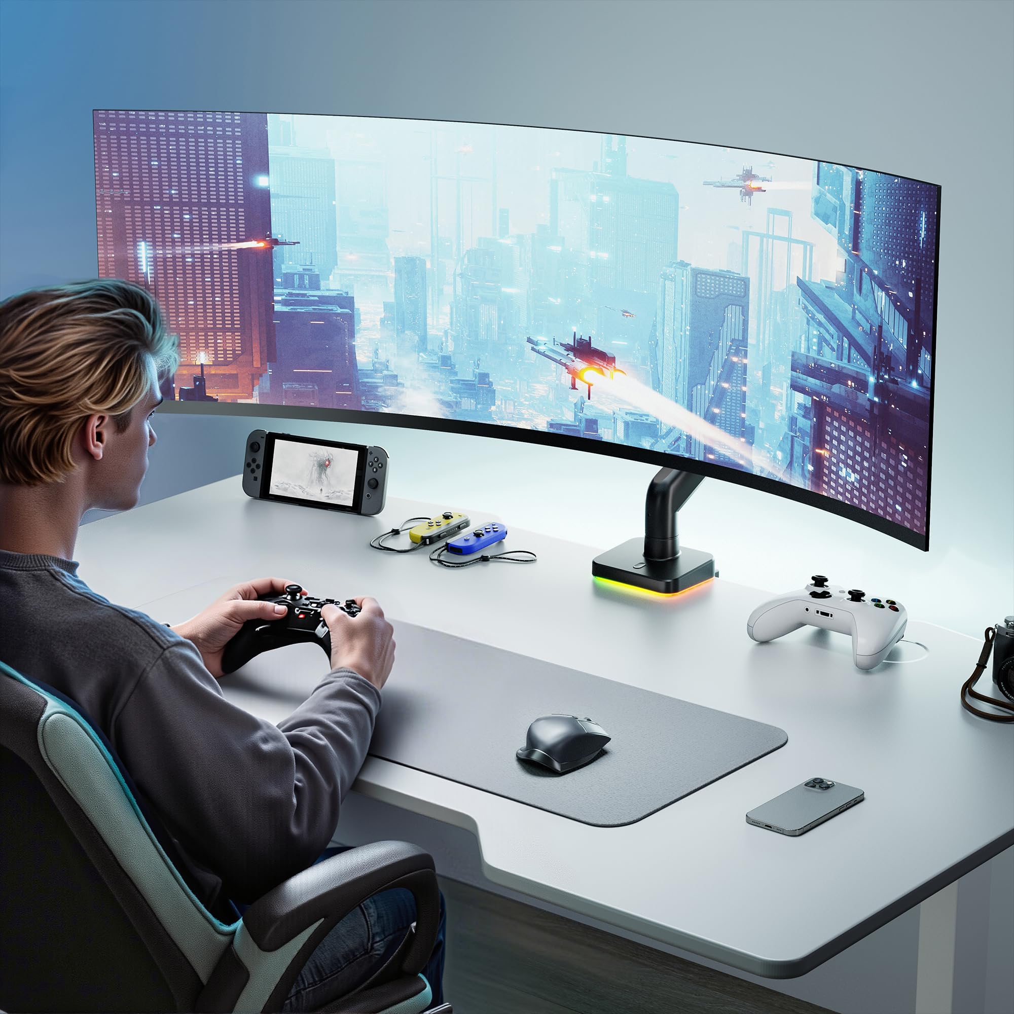 ARES WING Ergonomic Brazo de Monitor RGB para monitores de 17 a 49", Blanco | Capacidad de Carga de hasta 20 kg, Resorte de Gas, diseñado para Gamer