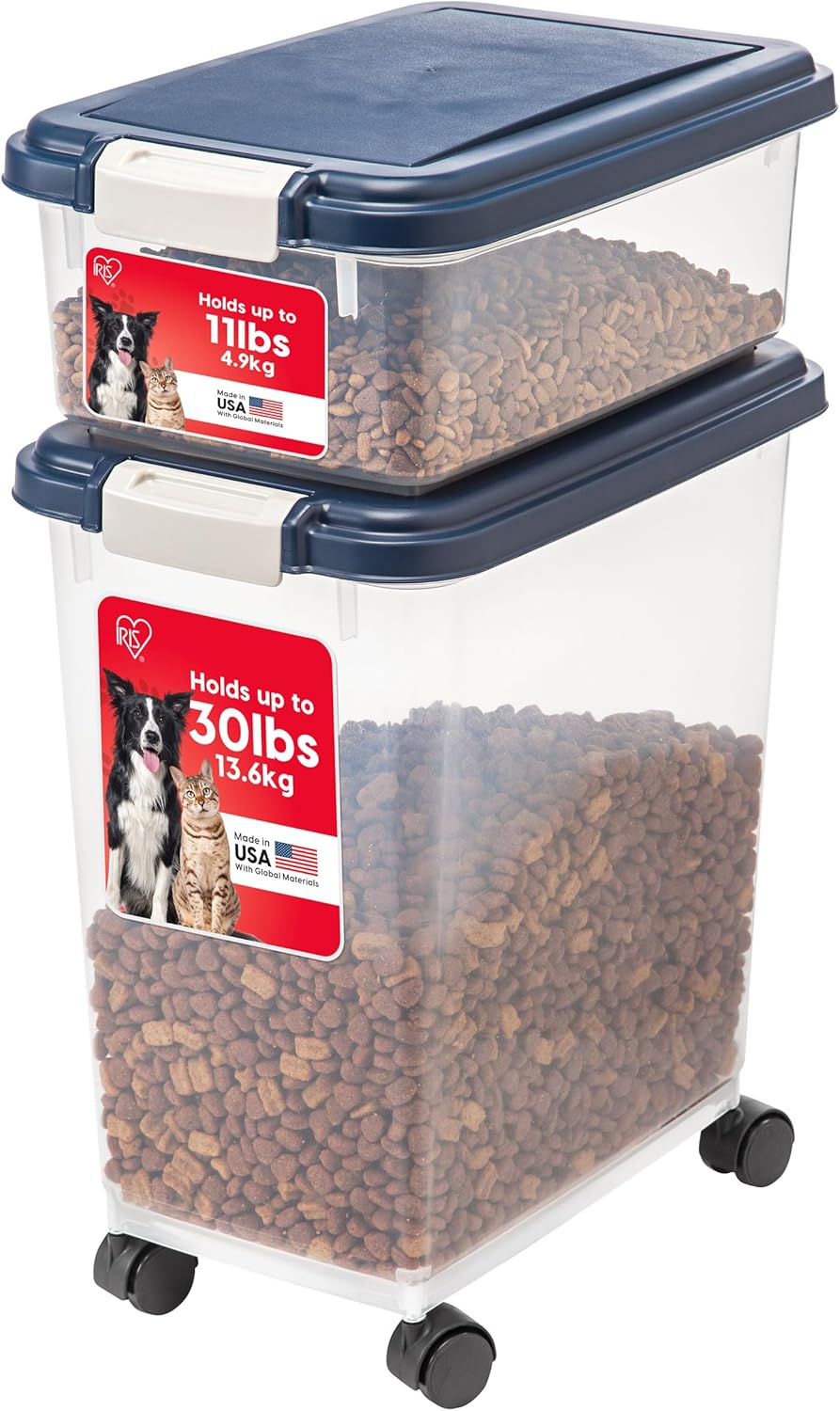 IRIS USA 2-Piece 41 Lbs / 45 Qt WeatherPro Airtight Pet Food Storage Container Combo and Treat Box for Dog Cat and Bird Food, Stackable, Keep Fresh, Translucent Body, Easy Mobility, Navy 30 lbs + 11 lbs Navy