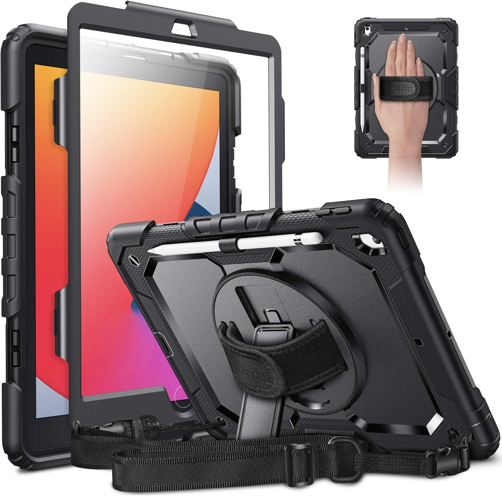 CASEBOTCase for iPad 8th Generation 2020 / 7th Gen 2019 10.2 with Screen Protector, [360° Rotating Kickstand] Rugged Heavy Duty Shockproof Cover with Hand Shoulder Strap, w/Pencil Holder, Black