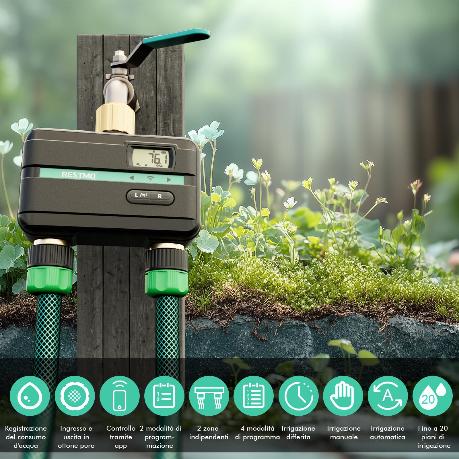RESTMO Computer di Irrigazione a 2 Zona con Chip Bluetooth | Controllo app, Automatico/Manuale/Ritardo Della Pioggia, Timer di Irrigazione per Tubo da Giardino