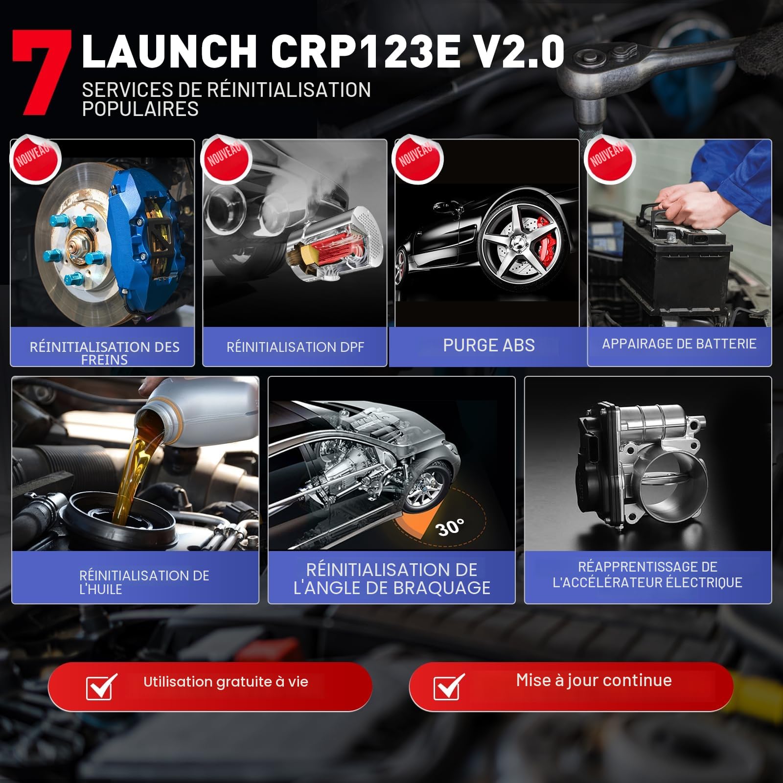 LAUNCH CRP123E V2.0 OBD2 Appareil de Diagnostic pour Voiture - Testeur EOBD - 4 Diagnostics du système (Moteur SRS AT ABS) avec 7 réinitialisations (Huile/SA/EPB/DPF/BMS/abs/réglage de l'accélérateur
