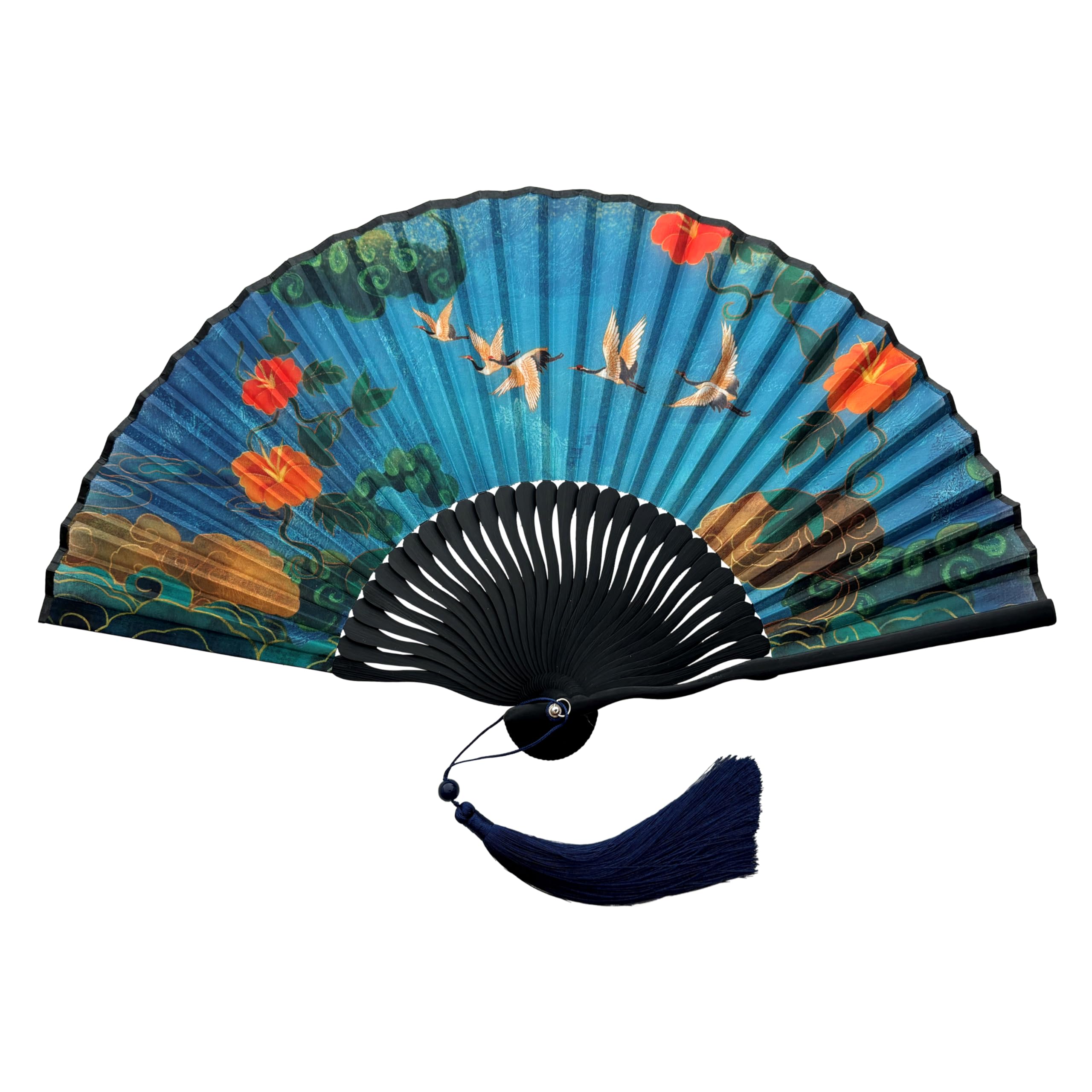 Fansof.fans Women's Bird Harmony Vintage Artwork Printed Premium Silk Fabric Handheld Folding Fan With Grade A Bamboo Ribs For Girls Event Birthday Wedding Favour With Tassel And Pouch (Bird Harmony)