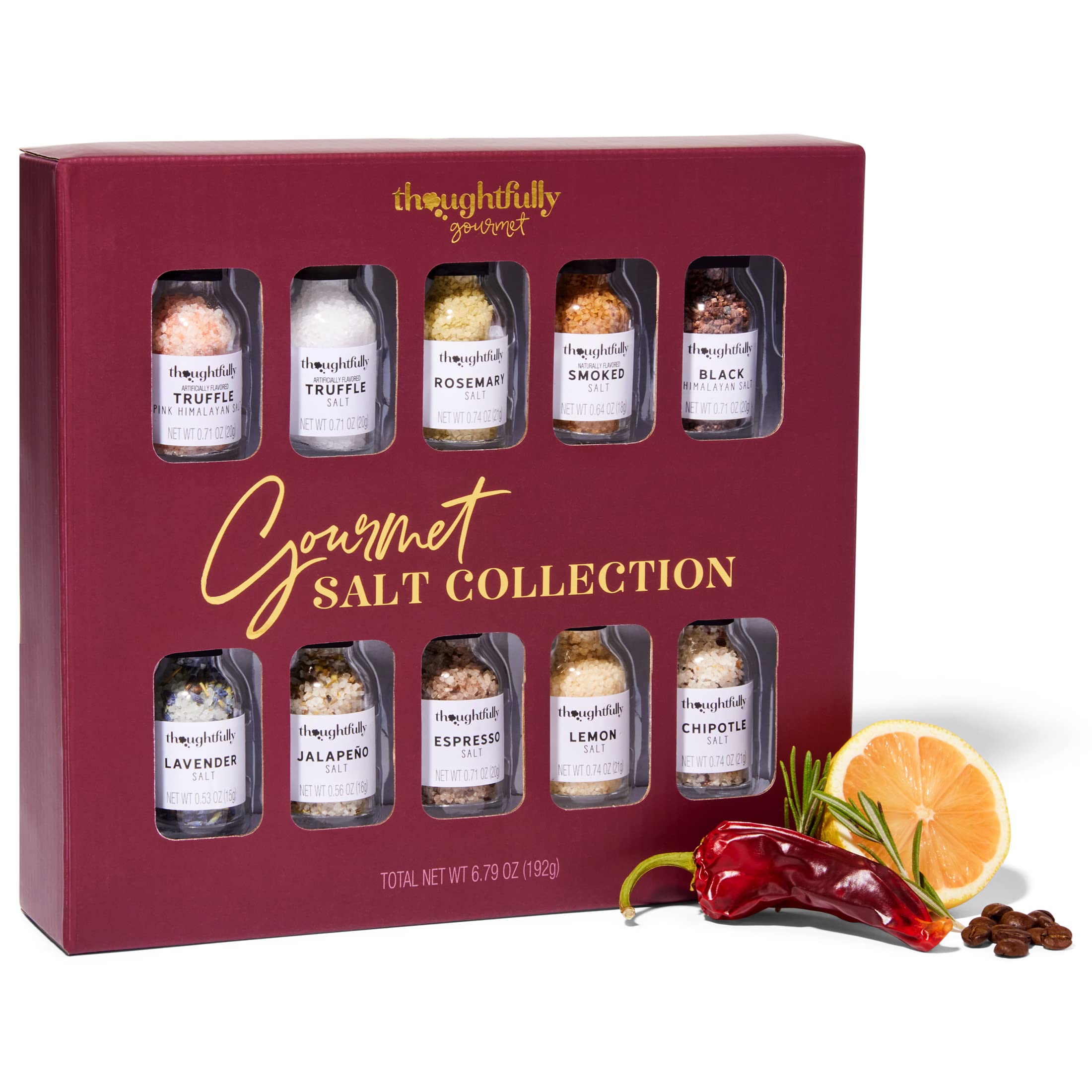 ThoughtfullyGourmet, Gourmet Seasoning Salt Collection Gift Set, Salt Seasoning Flavors Include Truffle, Rosemary, Chipotle, Expresso, Lemon, Lavender and More, Set of 10