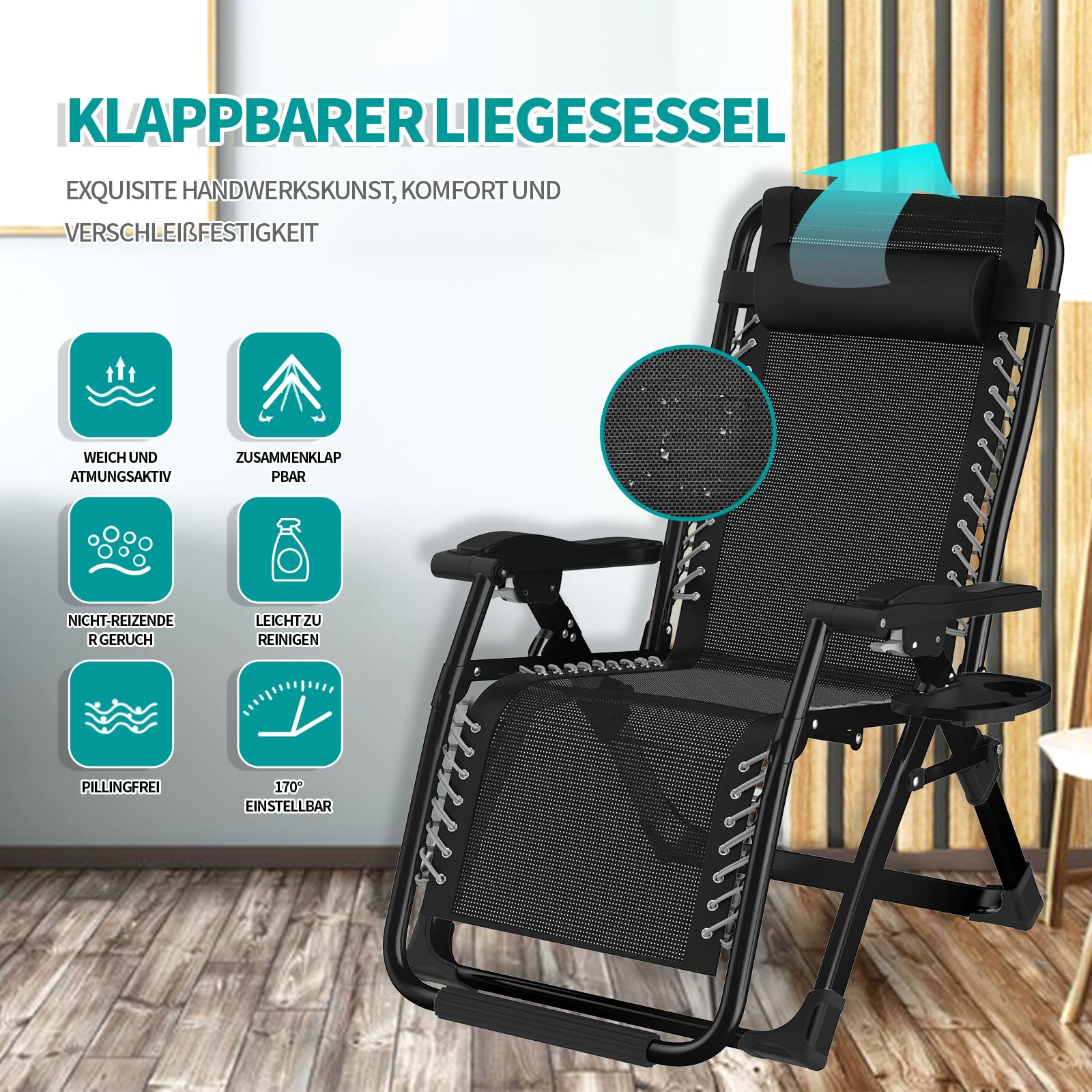 Chaise Longue Pliable, Transat Jardin Exterieur 200 kg avec Coussin Amovible, Zéro Gravité, Dossier 90°-170°, Tissu Oxford Imperméable – Plage, Piscine, Camping, Balcon, Terrasse