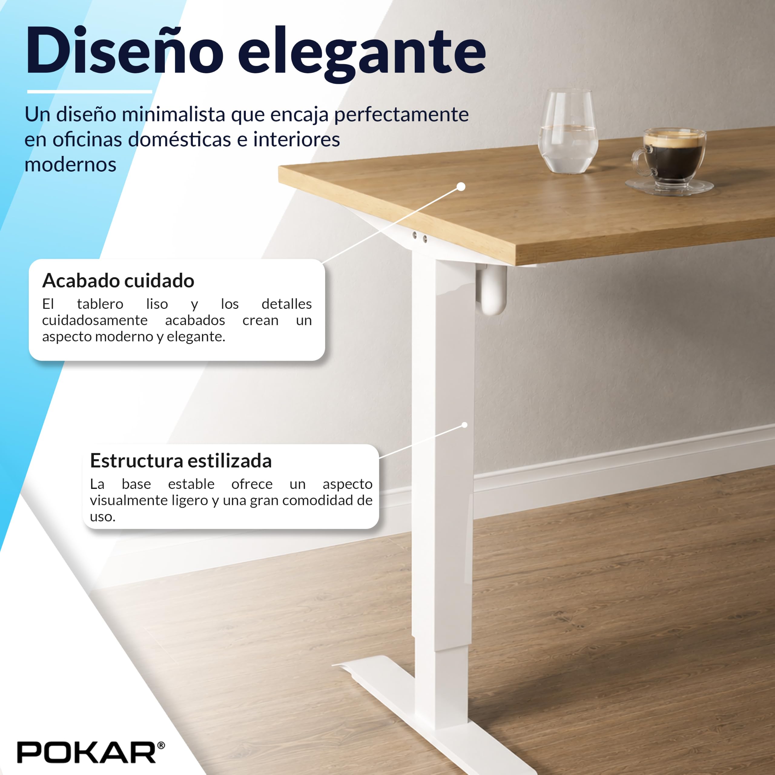 POKAR Escritorio Elevable Eléctrico 120x70 cm | Tablero Macizo 25mm | Panel con Memoria, USB-C y USB-A | Mesa Regulable en Altura para Teletrabajo | Estructura Plateada, Tablero Blanco