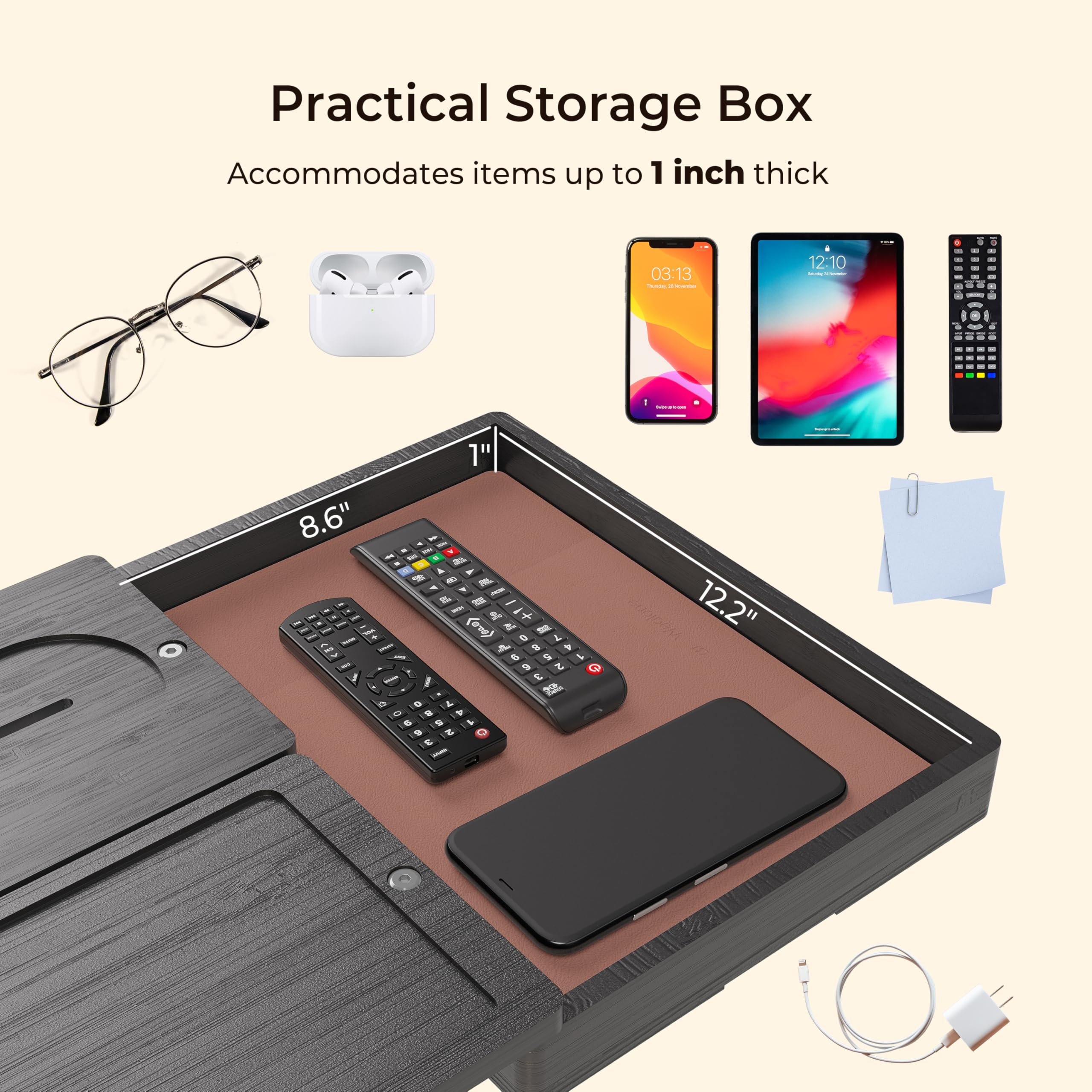 Wealone Bandeja negra para reposabrazos de sofá con 2 bandejas giratorias, mesa ajustable con clip para brazo de sofá con caja de almacenamiento y soporte para teléfono de 360°, mesa de reposabrazos