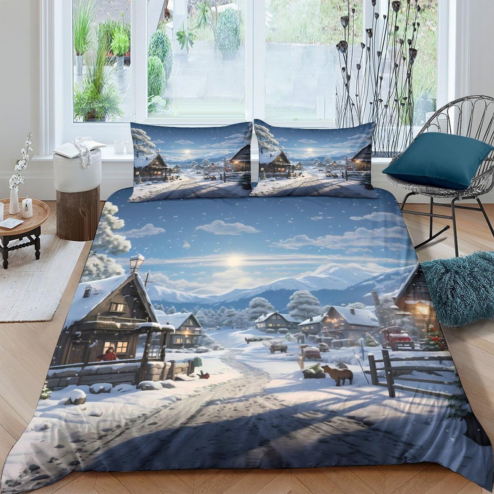 Ctjqhvkz Style-4 3D Printed Winter Cabin Fitted Sheet Microfiber Soft Blue Snow Village Mattress Cover For Bedroom Guest Room Decor Single（135X200cm）