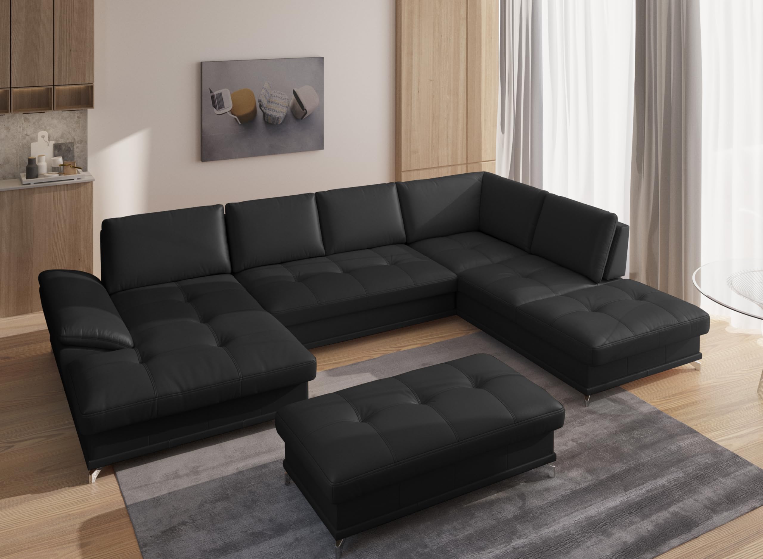 Cavadore Hocker Castiel / Polsterhocker mit mattschwarzen Metallfüßen, ideal als Beistellhocker, Fußablage, Sitzgelegenheit / 138 x 48 x 71 / Echtleder, Schwarz