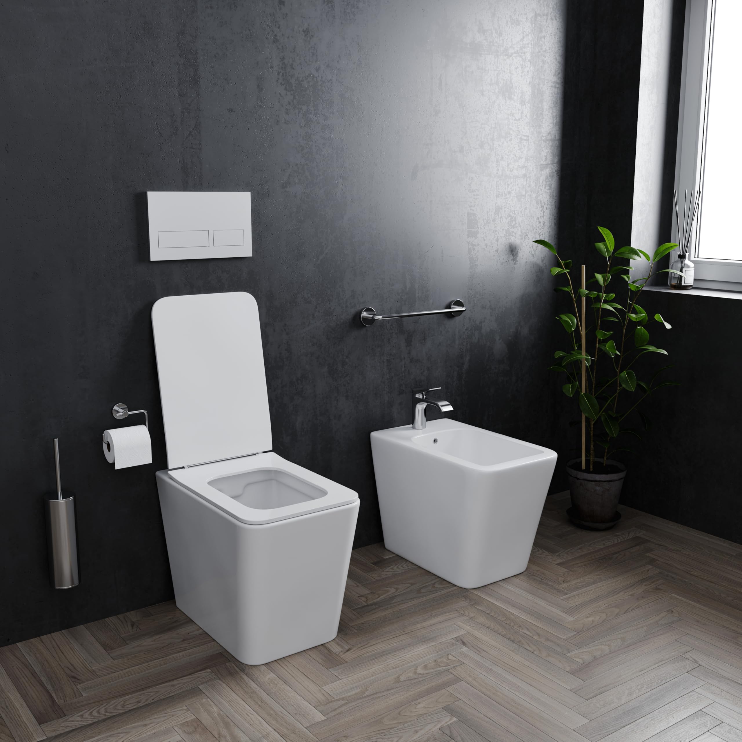 Set Sanitari Filomuro WC e Bidet Quadrati in Ceramica con Copriwater Soft Close e Sgancio Rapido Bianco Lucido Design Moderno (Quadrato)