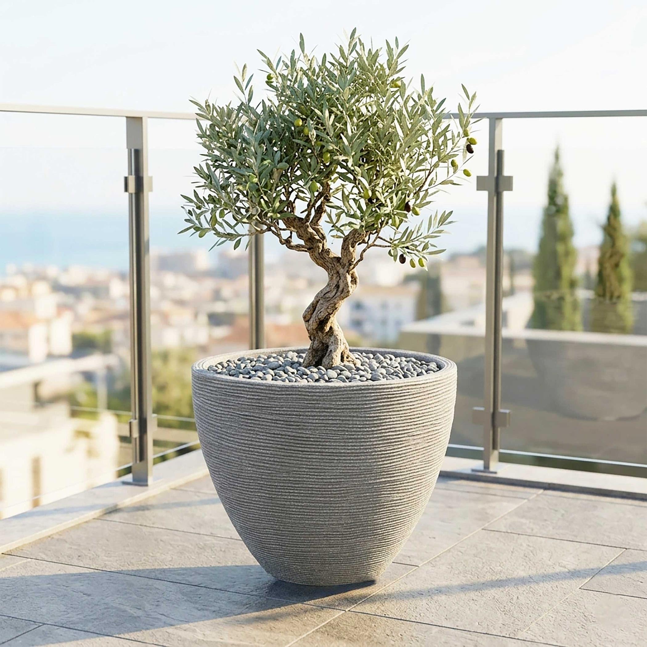 Kunststoff Blumenkübel grau rund im Rillen Design - 39 x 31 cm