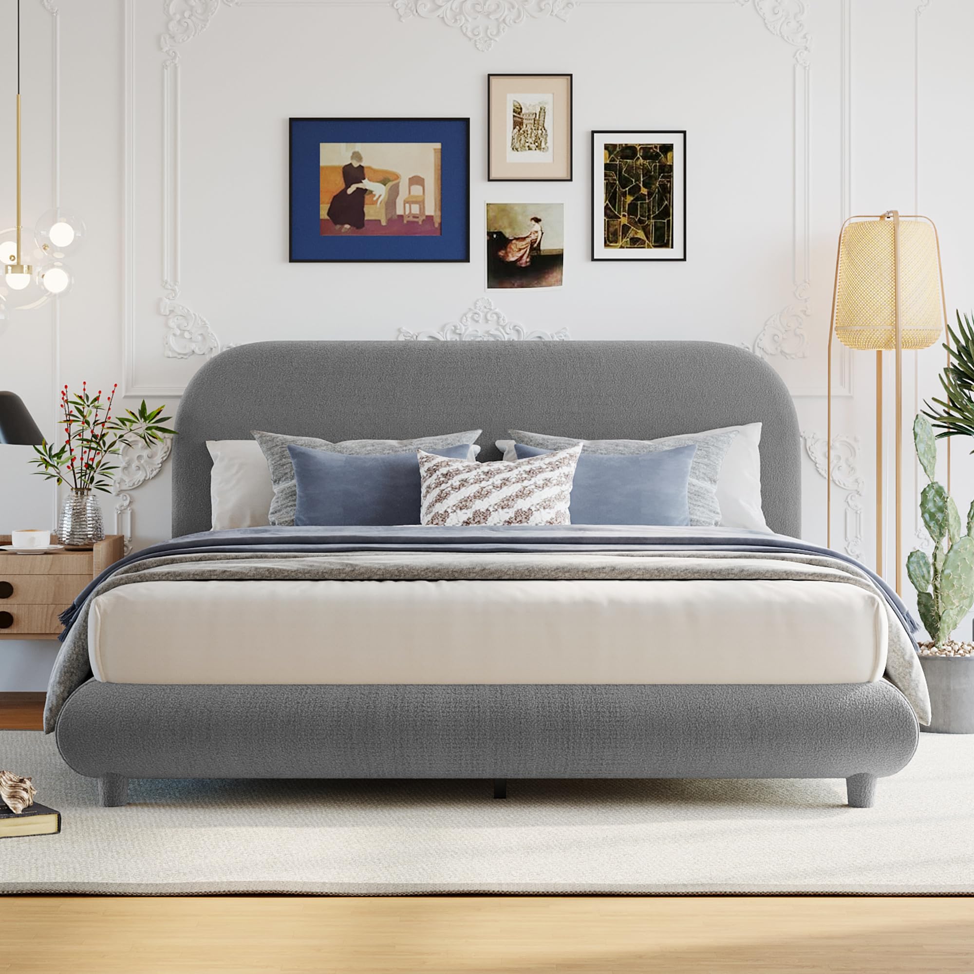 Bekeknlny Elegante cama tapizada de tamaño Queen con tela gruesa y marco sólido, elegante diseño en forma de curva, cama de forro polar de peluche para muebles de dormitorio (gris/forro polar de 2