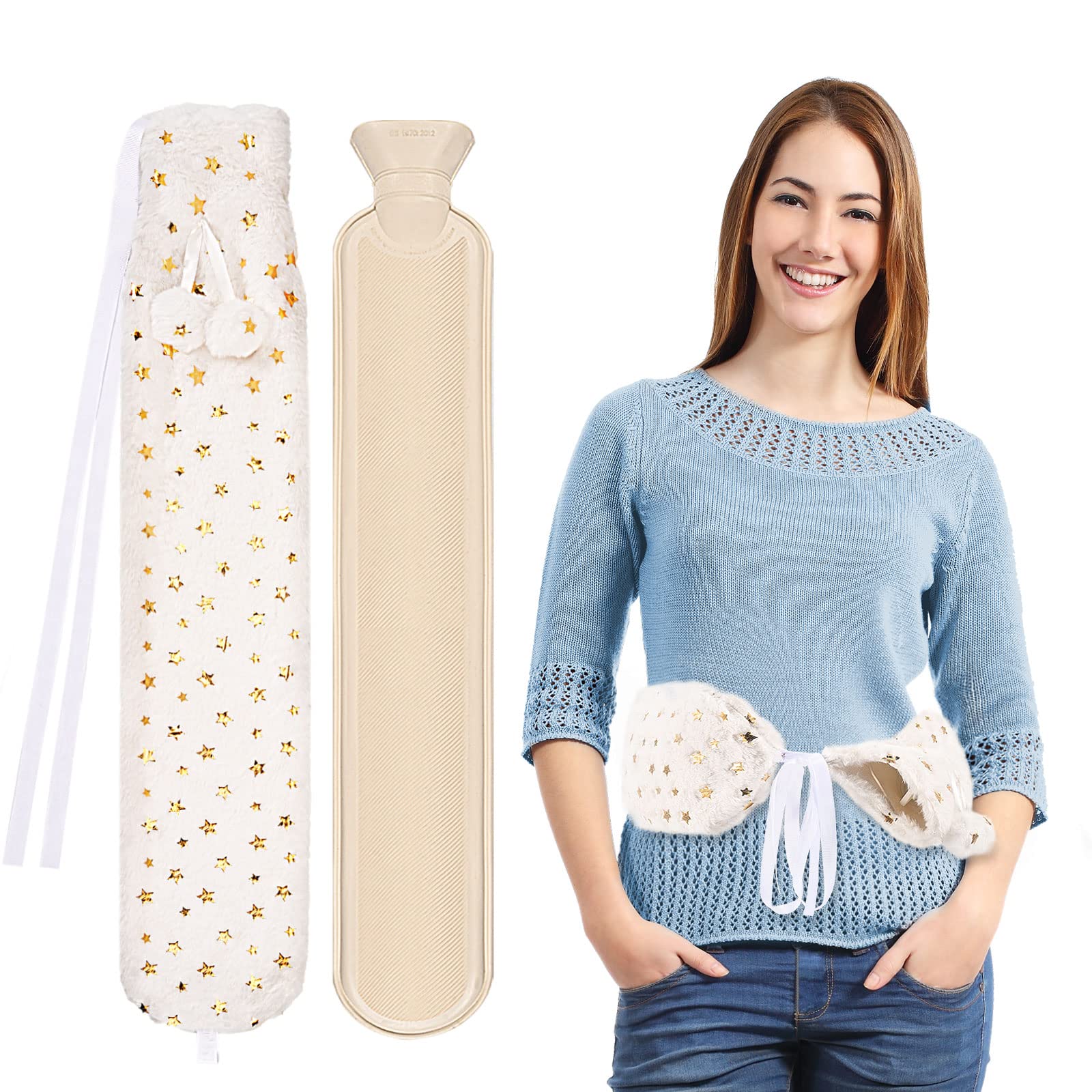 Long Hot Water Bottle with Cover 2L, 28 Inch Extra Long Hot Water Bottles, Rubber Wearable Hot Water Bottle with Belt for ...