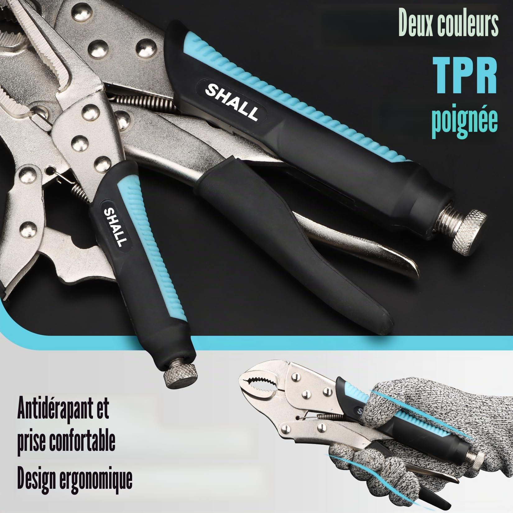 SHALL Lot de 6 pinces de verrouillage, pinces à étau à mâchoire incurvée de 12,7 cm, 17,8 cm et 25,4 cm, pince de verrouillage à long bec de 15,2 cm, poignée TPR bicolore, pochette enroulable incluse