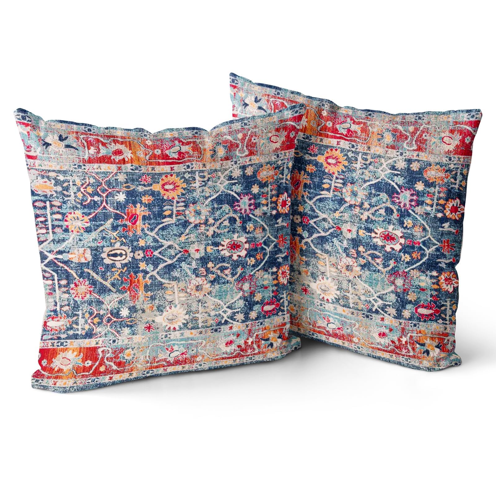 Snylcce Boho Pillow Covers 55x55 CM Set of 2 Bohemian Carpet Throw Pillows For Couch Navy Blue Red Geometric Floral Decorative Pillow Cases Farmhouse Home Decor For Sofa Porch Patio Bed Room Outdoor