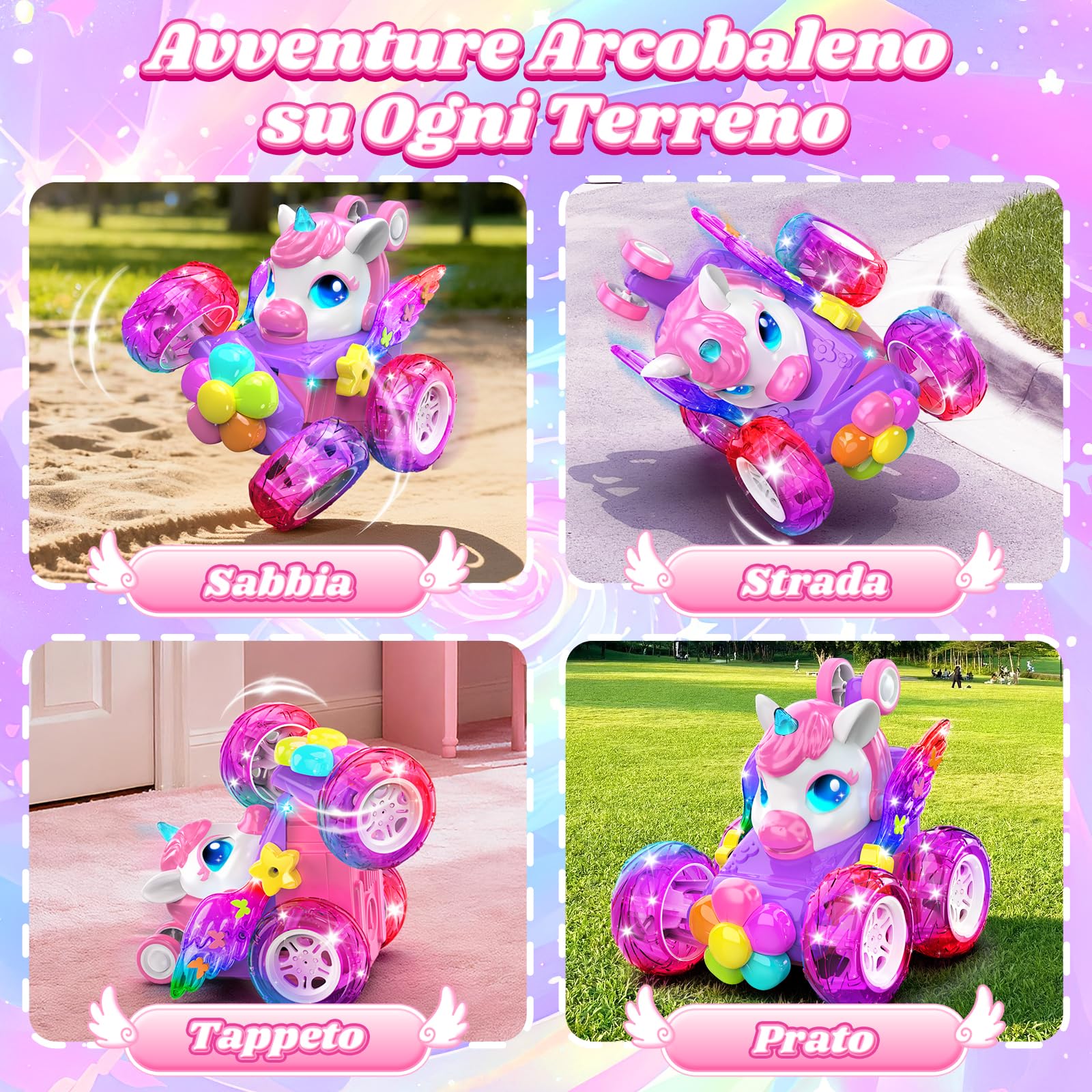 Unicorno Macchina Telecomandata Bambini 2,4GHz RC Car con Luce & Flip 360°, Regalo Bambina Giochi Bambini 3-12 Anni, Gioco Bambina Giocattoli Bimba 4 5 6 7 8 9 10 Anni Femmina Natale Compleanno Regali