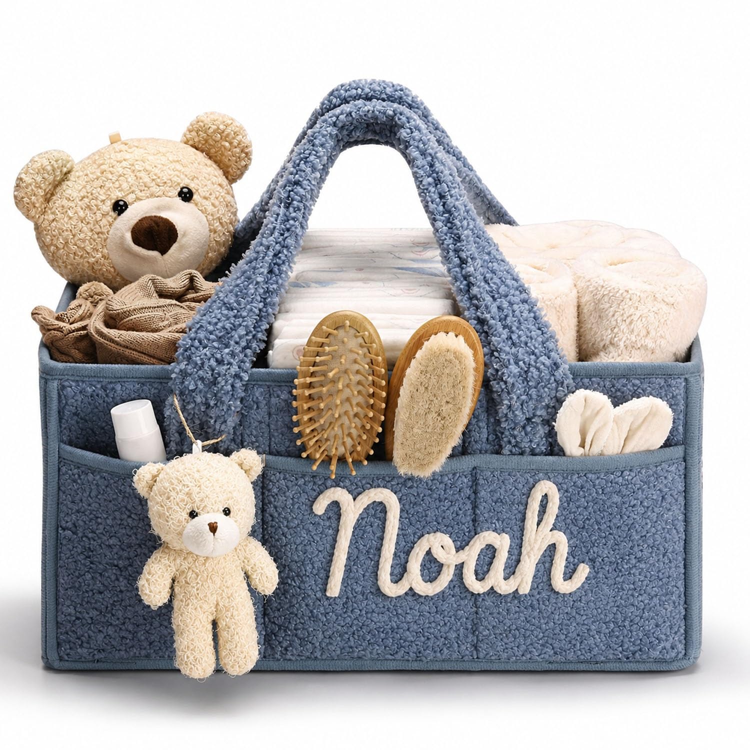 Personalized Plush Baby Diaper Caddy Organizer - Custom Name Nursery Storage Basket, Soft Portable Diaper Bin With Removable Dividers For Newborn Registry(Blue)