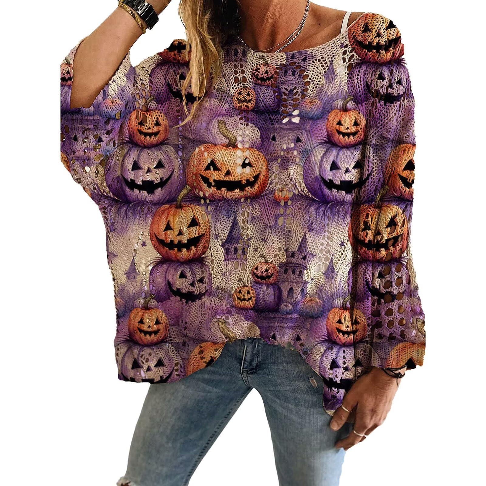 Womens Halloween Pumpkin Knit Sweater Top Light Weight Fabric Bat Witch Ghost Vintage Pullover Loose Cozy Fall Sweater