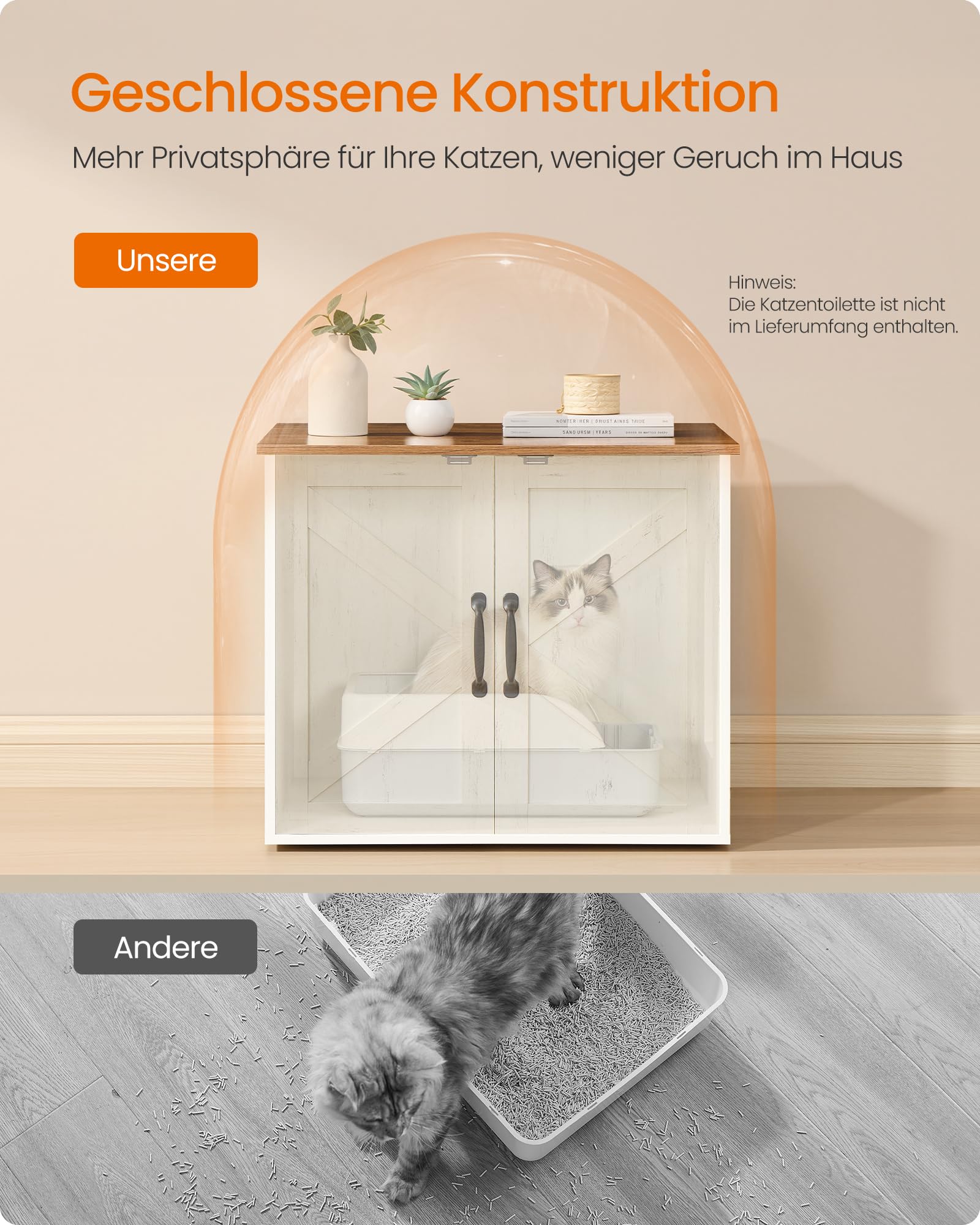 Feandrea Katzenhaus, Katzenklo-Schrank, versteckte Katzentoilette, Beistelltisch, für Haustiere im Innenbereich, 60 x 50 x 50 cm, wolkenweiß-honigbraun PCL042W201