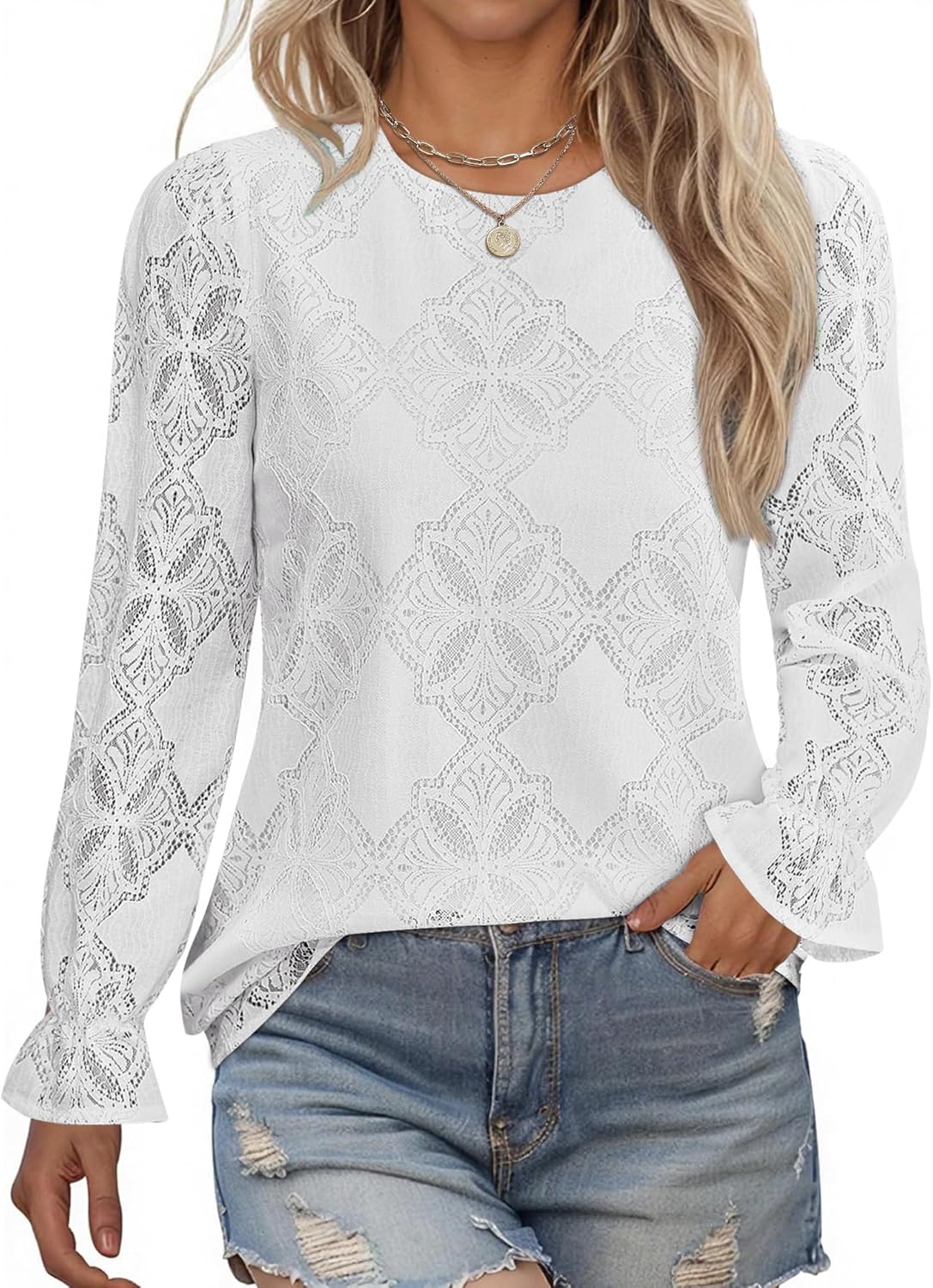 LOMON Lace Long Sleeve Tops for Women Fashion 2025 Eyelet Blouses Dressy Casual Crewneck Embroidered Shirts with Lining