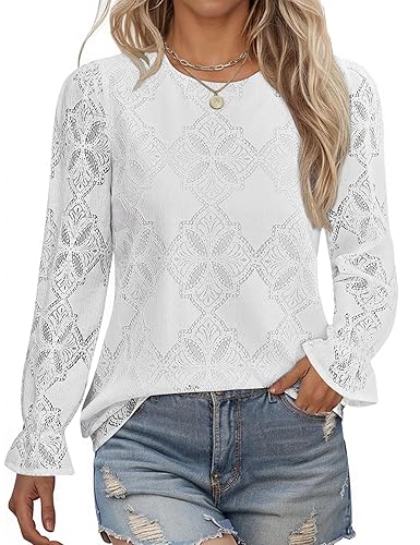 LOMON Lace Long Sleeve Tops for Women Fashion 2025 Eyelet
