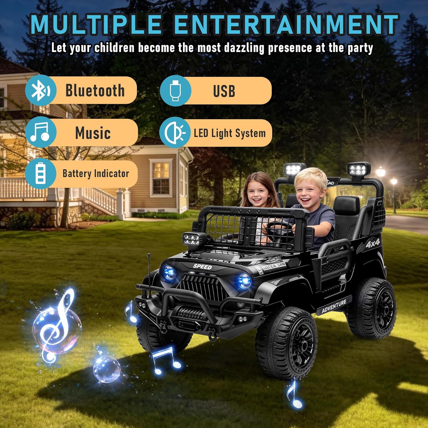 24V Ride On Toys for Big Kids, True 2-Seater Kids Electric Jeep with 550W Dual Motors, Extra-Wide 31” Seat, 4-Wheel Suspension, Parent Remote Control, LED Headlights & Rear Searchlights (Black)