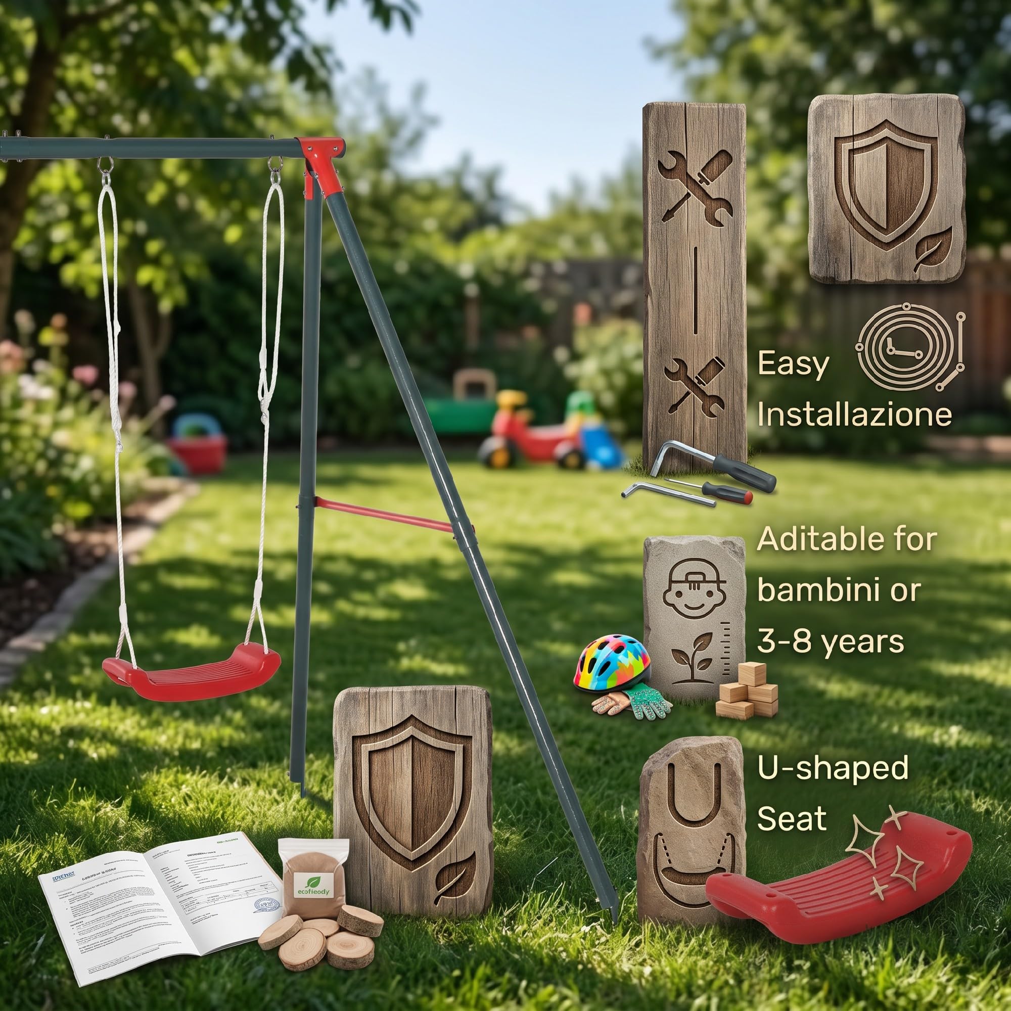 Outsunny Altalena Doppia per Bambini 3+ Anni con Struttura in Metallo, Corda Regolabile, Altalena da Giardino Gioco Esterno, Max 45 kg, 239x156x180 cm, Verde e Rosso