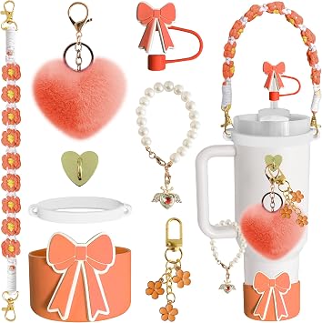 Stanley Cup Accessories Set for 40oz/30oz Tumbler with Handle-Including Bow Charms with Pearls,Silicone Charm and Silicone Boot,Suitable Accessories for StanleyOrange