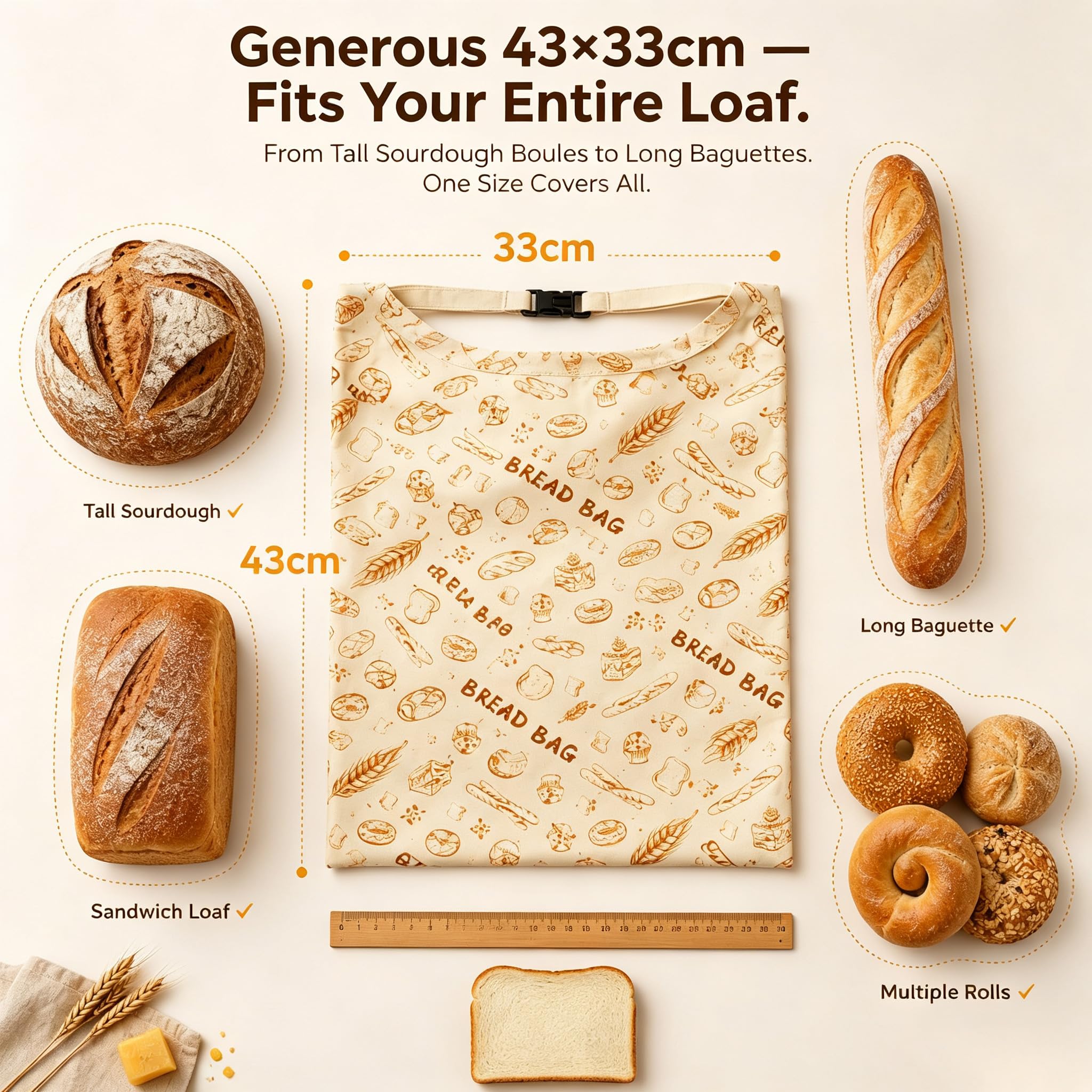 Sacchetti per pane in cera d'api riutilizzabili in cotone biologico per pane fatto in casa, 43 x 33 cm, in cera d'api naturale, ecologici, di grandi dimensioni, con cerniera, per pasta madre