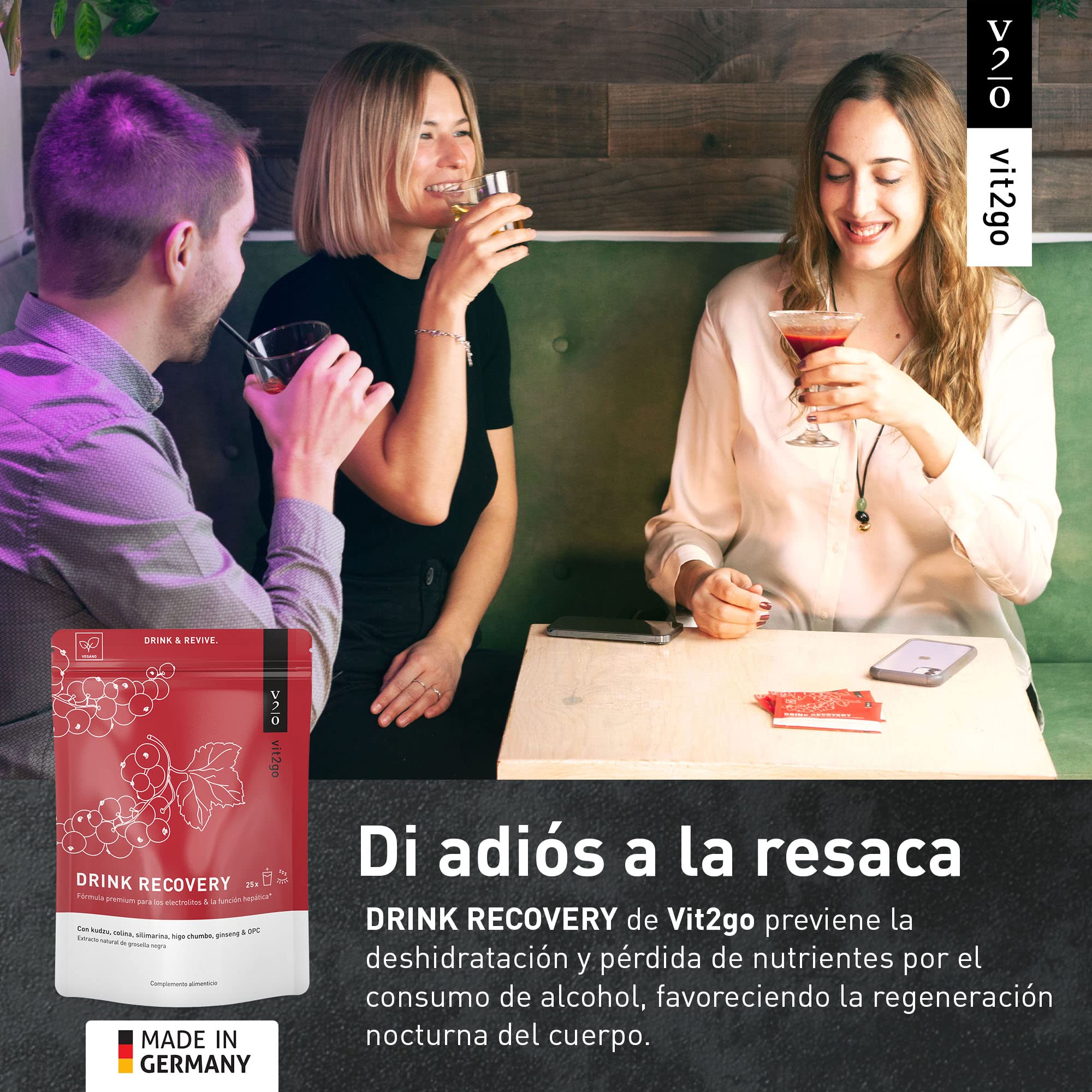 DRINK RECOVERY | Anti resaca | Electrolitos + 7 Vitaminas B + Cardo Mariano | Suplemento en Polvo Sabor Frutos del bosque | 100% Vegano | 30 Sobres
