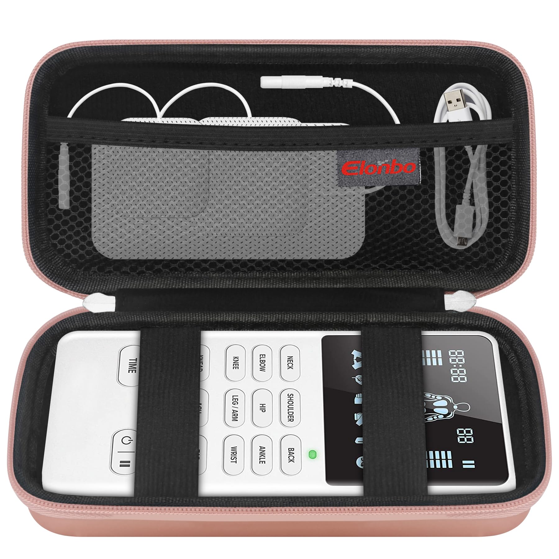 Elonbo Carrying Case ​for Etekcity TENS Unit Muscle Stimulator Machine, Hard Travel Organize Bag for Electric Pulse Massager, Extra Mesh Pocket Fits Electrode Pads Lead Wires Charger, Rose Gold