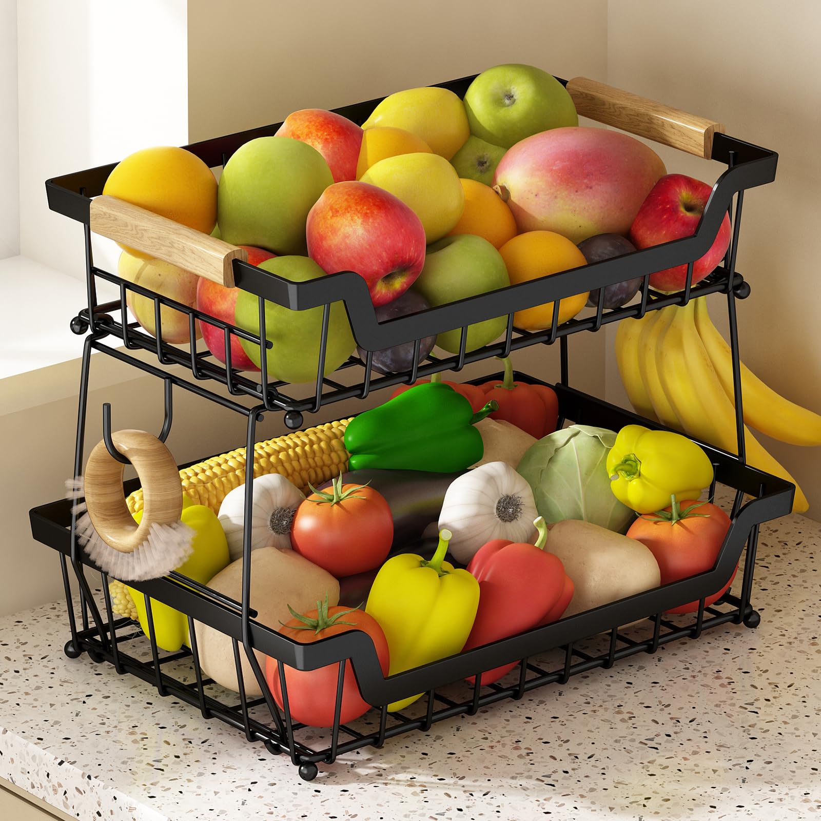 GILLAS 2 Tier Countertop Fruit Basket with 2 Banana Hangers for Kitchen, Detachable Metal Organizer for Bread Vegetable Fruits with Wooden Handle, Large Capacity Rectangular Storage Stand Bowls, Black