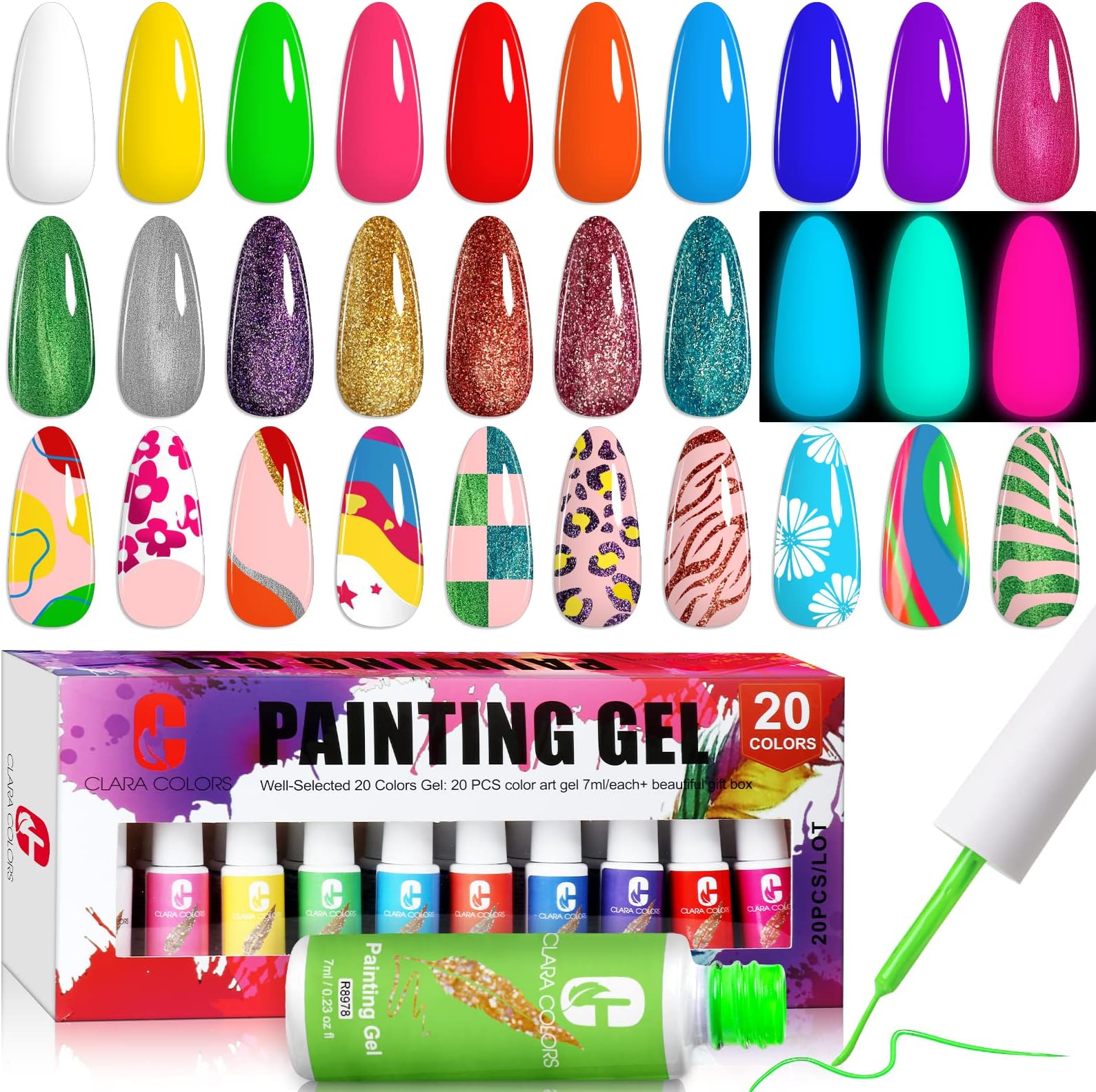 Clara Colors Gel Polish Nail Art Gel Liner Set, 20 Colors Neon Glitter Luminous Colors Spring Summer Gel Polish for Swirl French Tip Painting Designs Built Thin Nail Art Brush in Bottle Gel Soak Off UV Led Nail Gel Kit