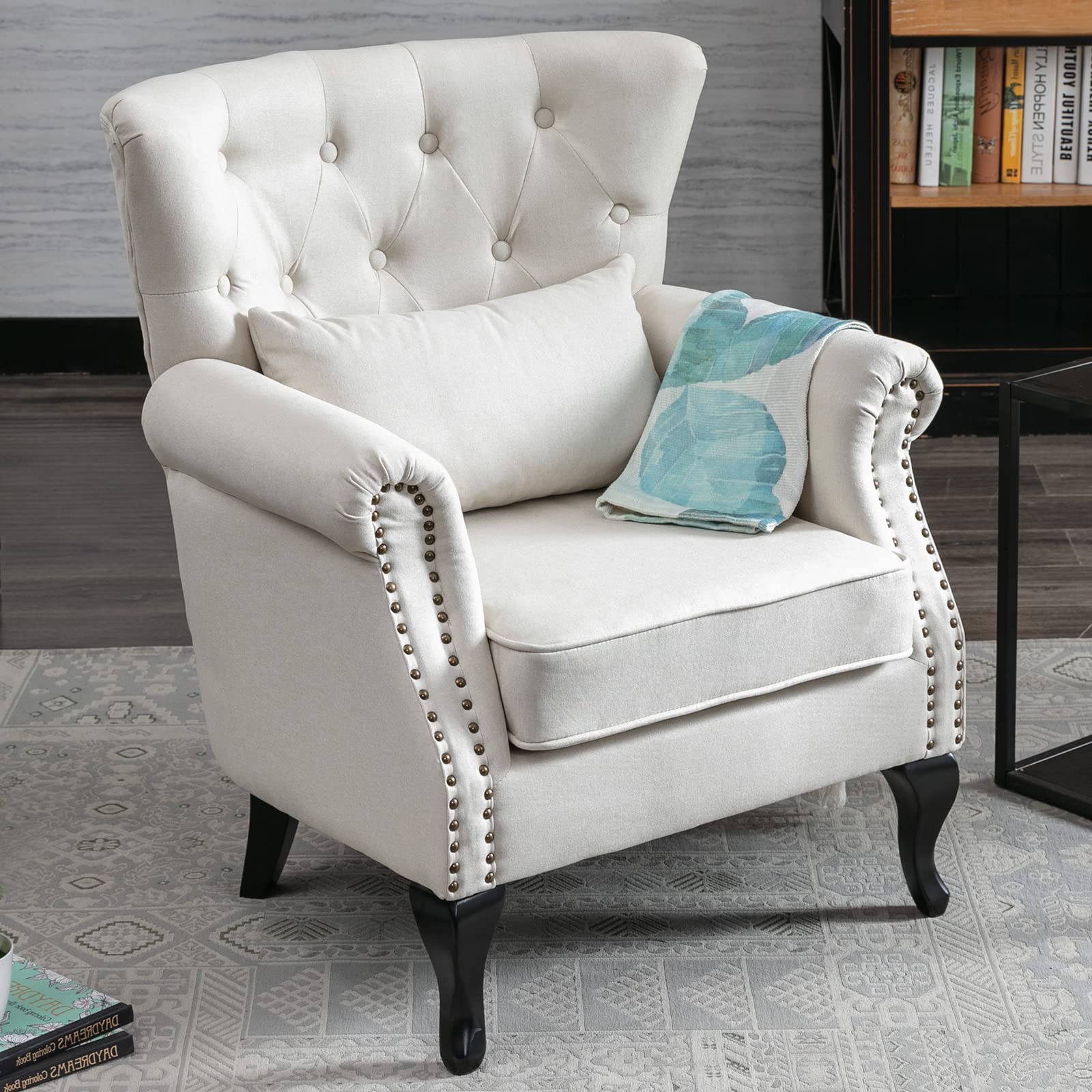 LZAREAL Accent Reading Arm Chairs for Living Room Bedroom, Midcentury Modern Comfy Corner Sofa Chair, Wingback Waiting Room Club Chair with Button