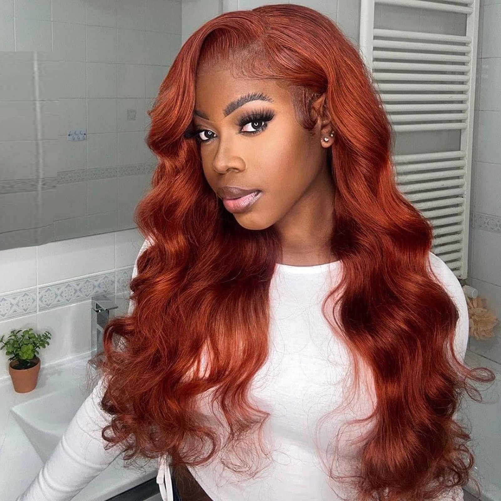 Auburn Lace Front Wig Copper Brown Heat Resistant Afro Wig Red Ginger Real Hair Long Glueless Wigs for White Women Synthetic Lace Front Wig Drag Cosplay Daily 26Inch - Image 3