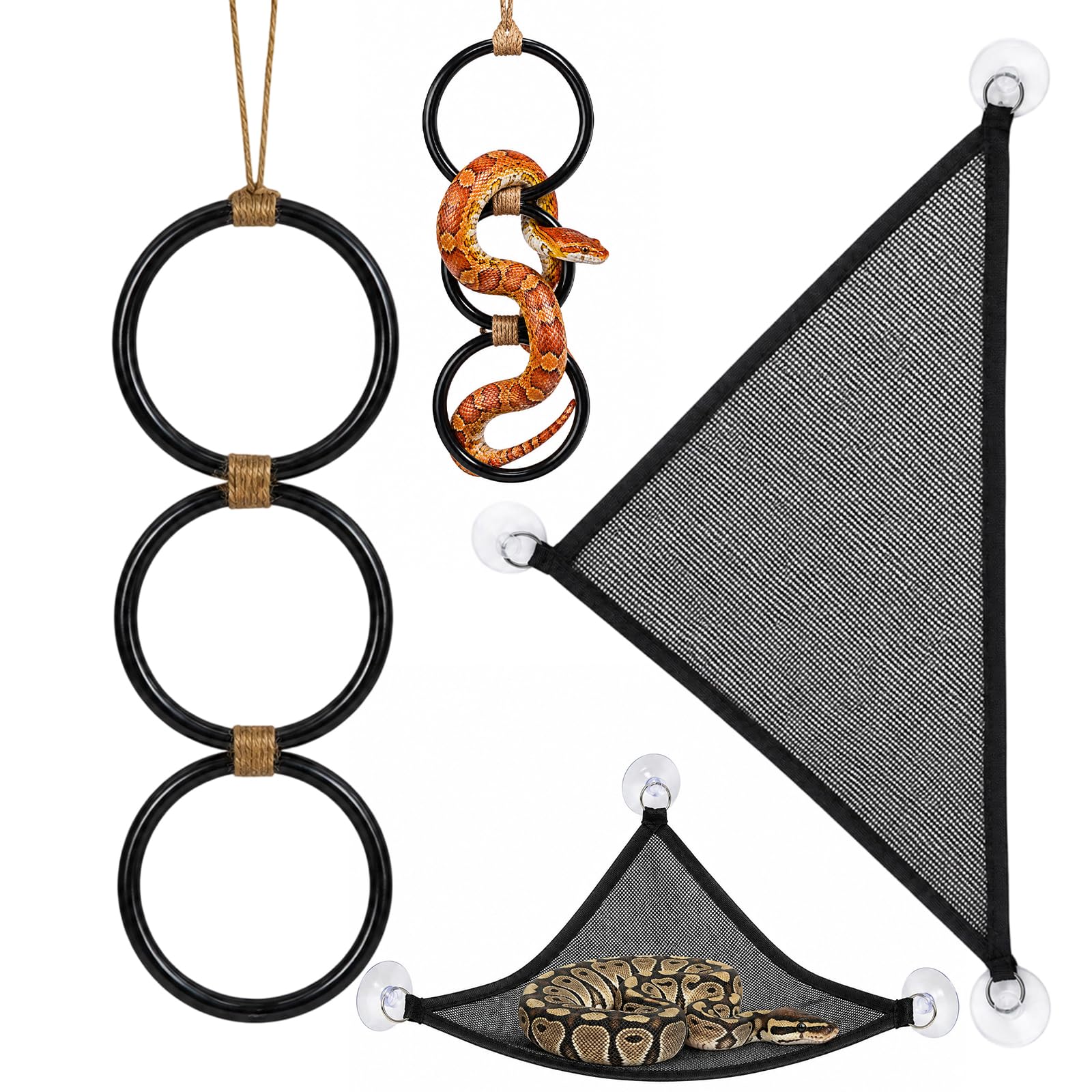 QhgPnt 1 Piece Snake Climbing Ring Set, Hanging Ball, Corn Snake Climbing Rings, Reptile Hammock Style Exercise Rings for Reptile Tank Cage Bearded Dragon Lizard (Black)