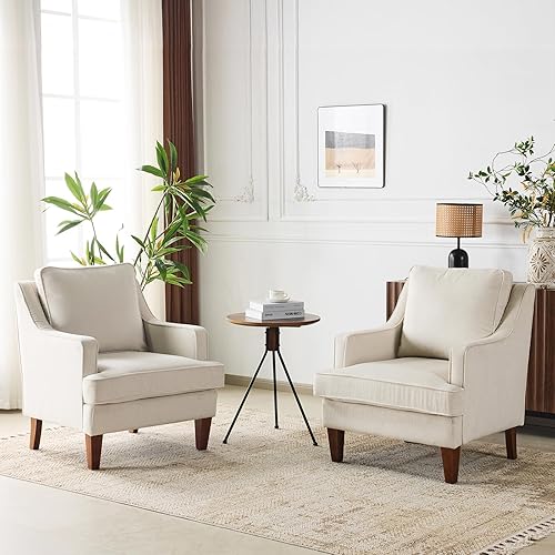 VINGLI Mid-Century Modern Accent Chairs Set of 2, Beige Upholstered Armchair Comfy Sofa Chairs Reading Chair High Back for Living Room Bedroom