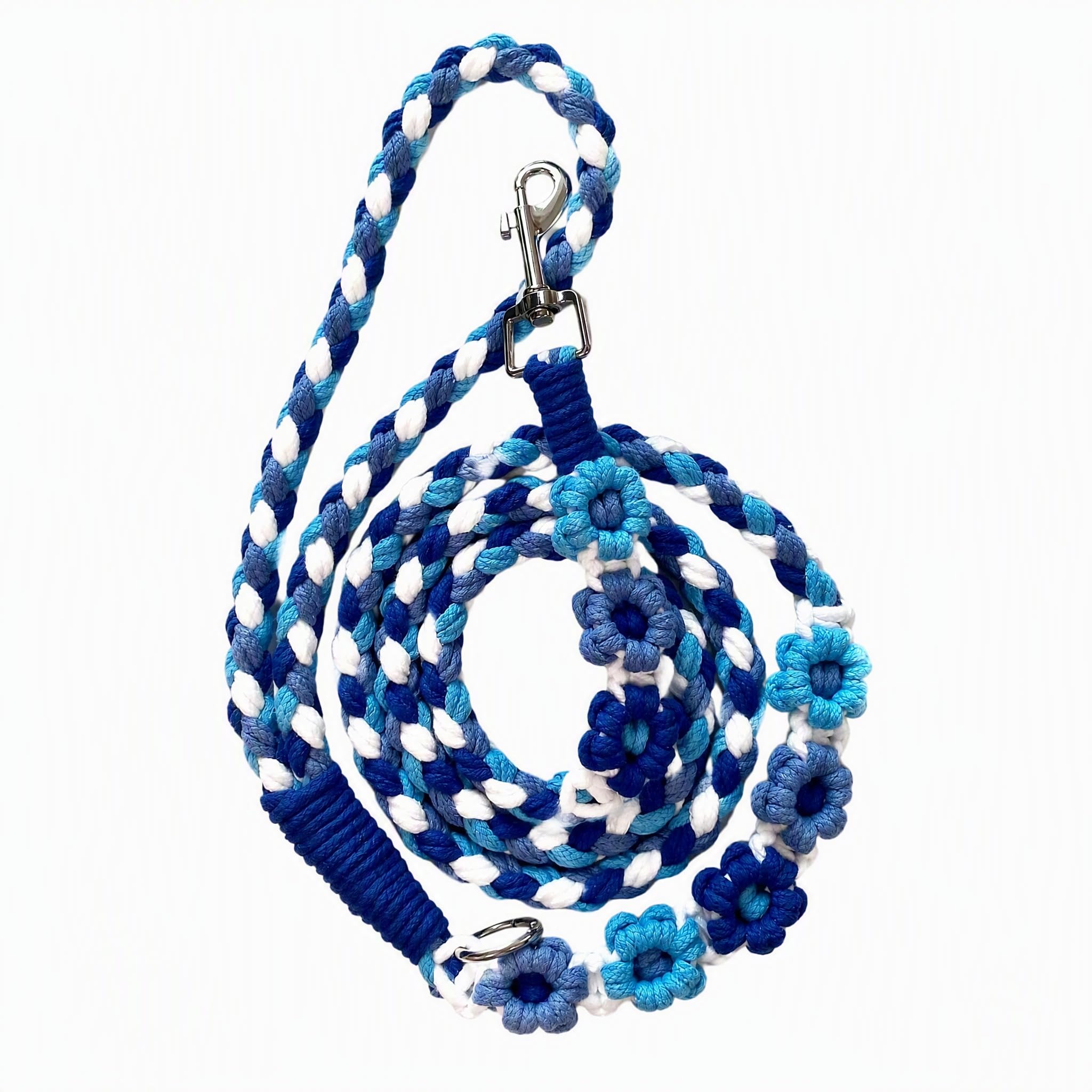 Handmade Macrame Dog Lead with Flower Decor, Soft Cotton Braided Pet Leash for Small Dogs, Stylish Boho Puppy Lead for Walking, Training & Photoshoots, 1.5m (Dark blue)