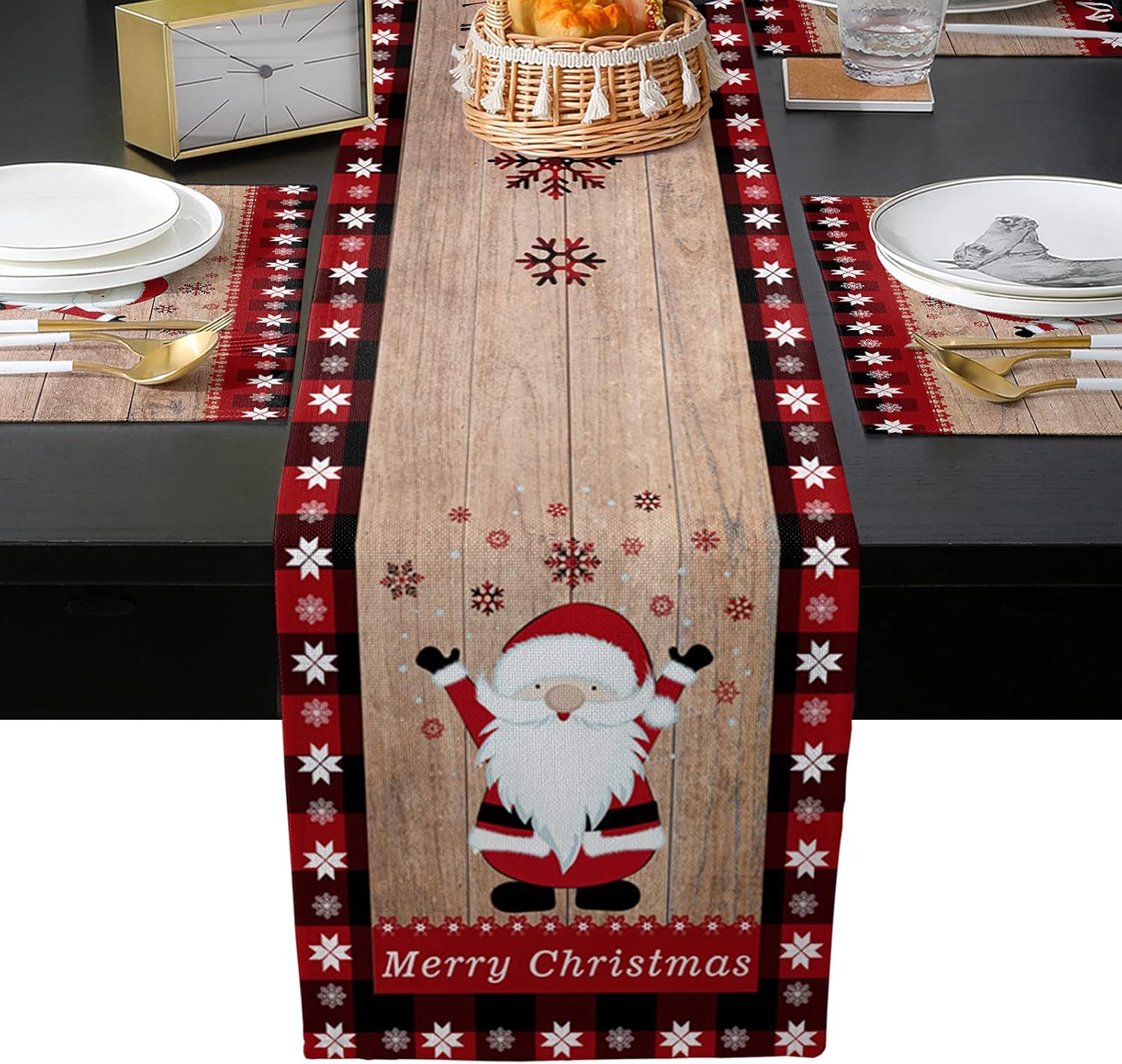 Merry Christmas Table Runner and Placemats Set of 4,Gnome Xmas Elf Snowflakes on Rustic Wood Grain Heat Resistant Cotton Linen Dining Table Runner 90 Inch and Table Mats 4 Pcs Kits for Home Kitchen