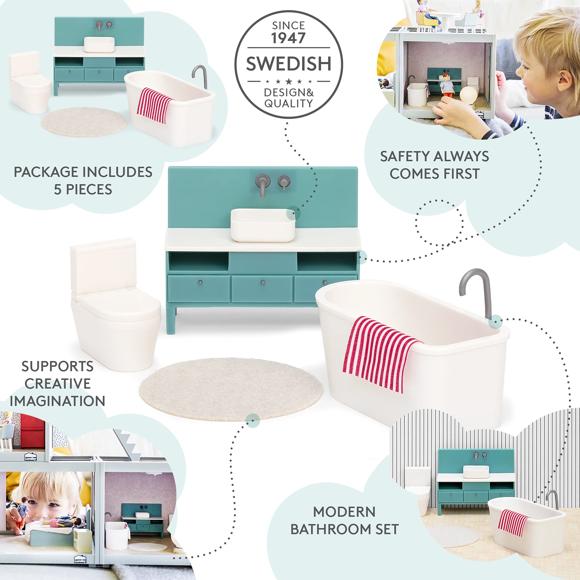 LUNDBY Meble do domu dla lalek, zestaw łazienkowy - wolnostojąca wanna + umywalka + toaleta + mata + ręcznik - akcesoria do domku dla lalek - 5 sztuk - dla mini lalek 11 cm - wiek 3+ 1:18