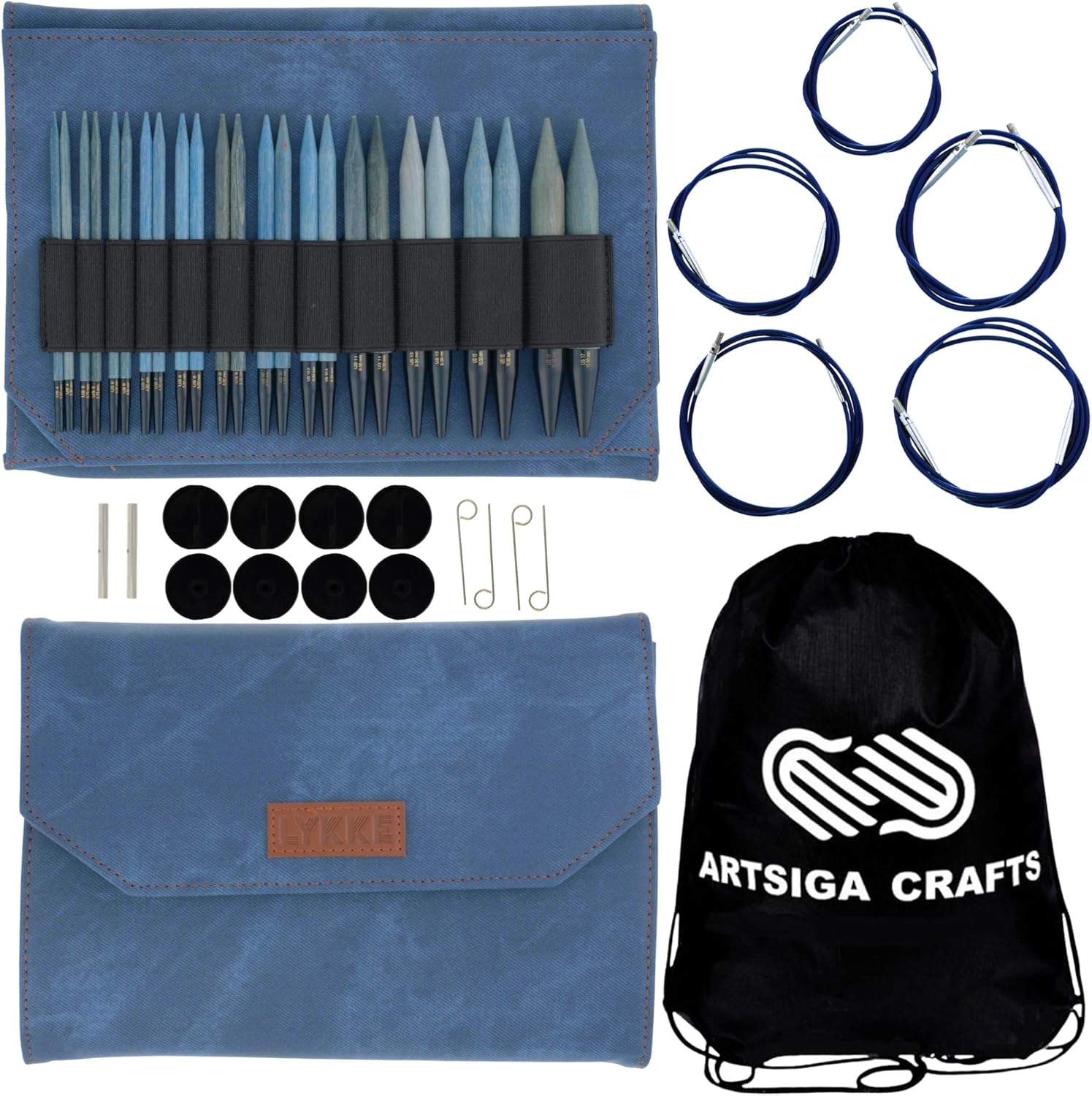 Lykke Indigo 5 in. Complete Set US 4, 5, 6, 7, 8, 9, 10, 10.5, 11, 13, 15, 17 Interchangeable Circ. Knitting Needles for DK, Worsted, Super Chunky Yarn, Birch, 5 Cords, Azure DM Case, Project Bag