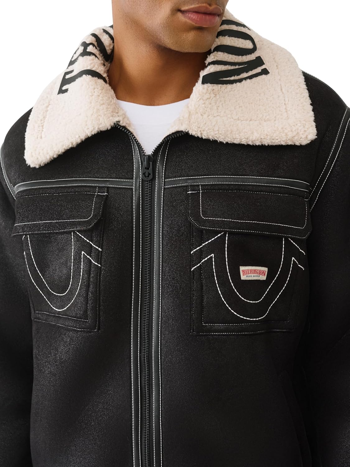 True Religion Sherpa PU Jacket for Men – Faux Leather Winter Jacket with Logo, Warm Streetwear Outerwear
