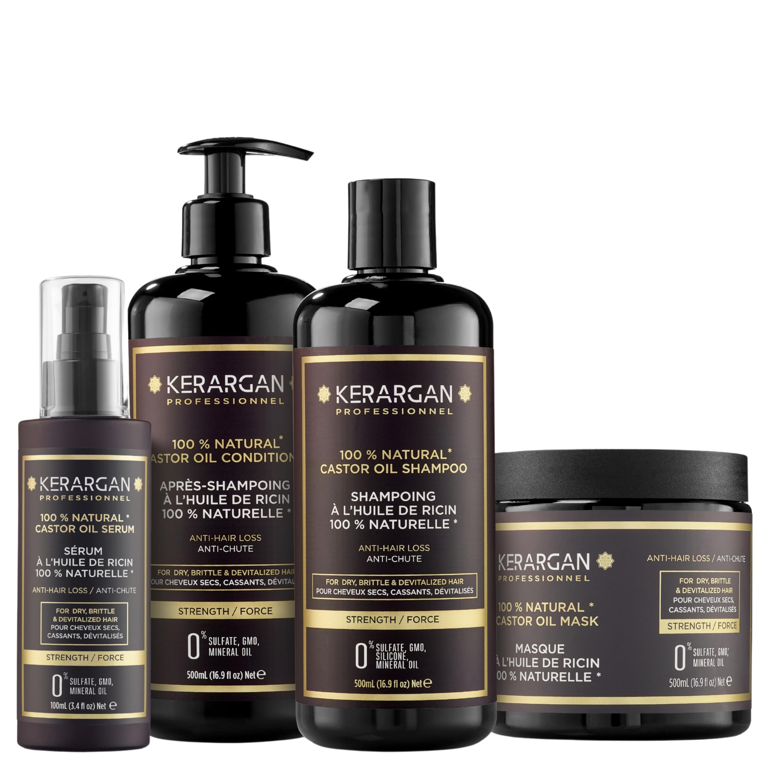 Kerargan - Shampoing, Après-Shampoing, Masque et Sérum à l’huile de Ricin, d’argan et camomille, Stimule la pousse de vos cheveux et réduit leurs chutes - Sans sulfate, paraben et silicone - 2x500 ml | Champú, acondicionador, mascarilla y sérum, rutina pa