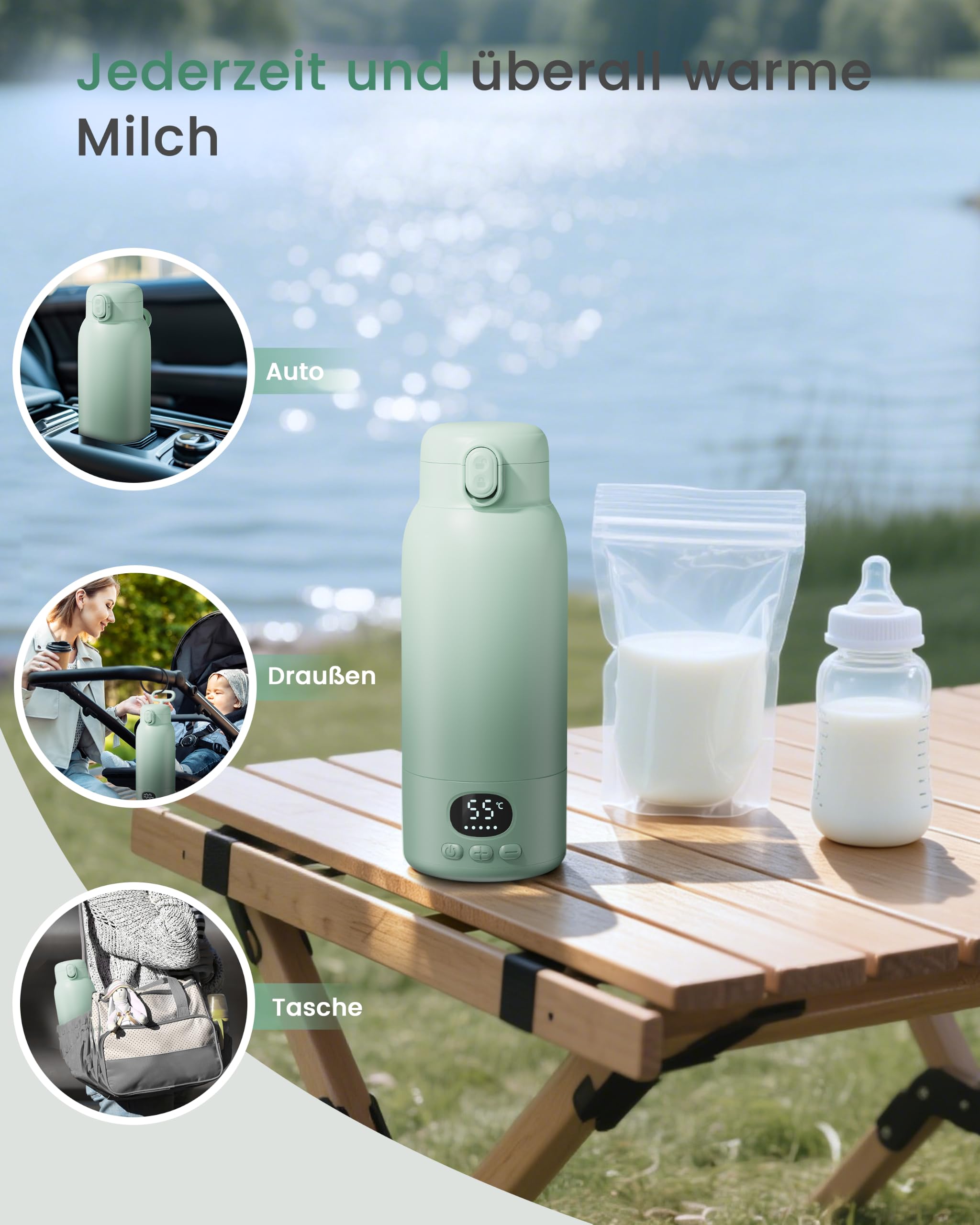 Tragbarer Flaschenwärmer Baby, 100W Schnellaufheizung | Kabellos, für unterwegs & Reisen, 500 ml Kapazität, 30x Nutzung/Akku, USB-C, BPA-frei, hellgrün