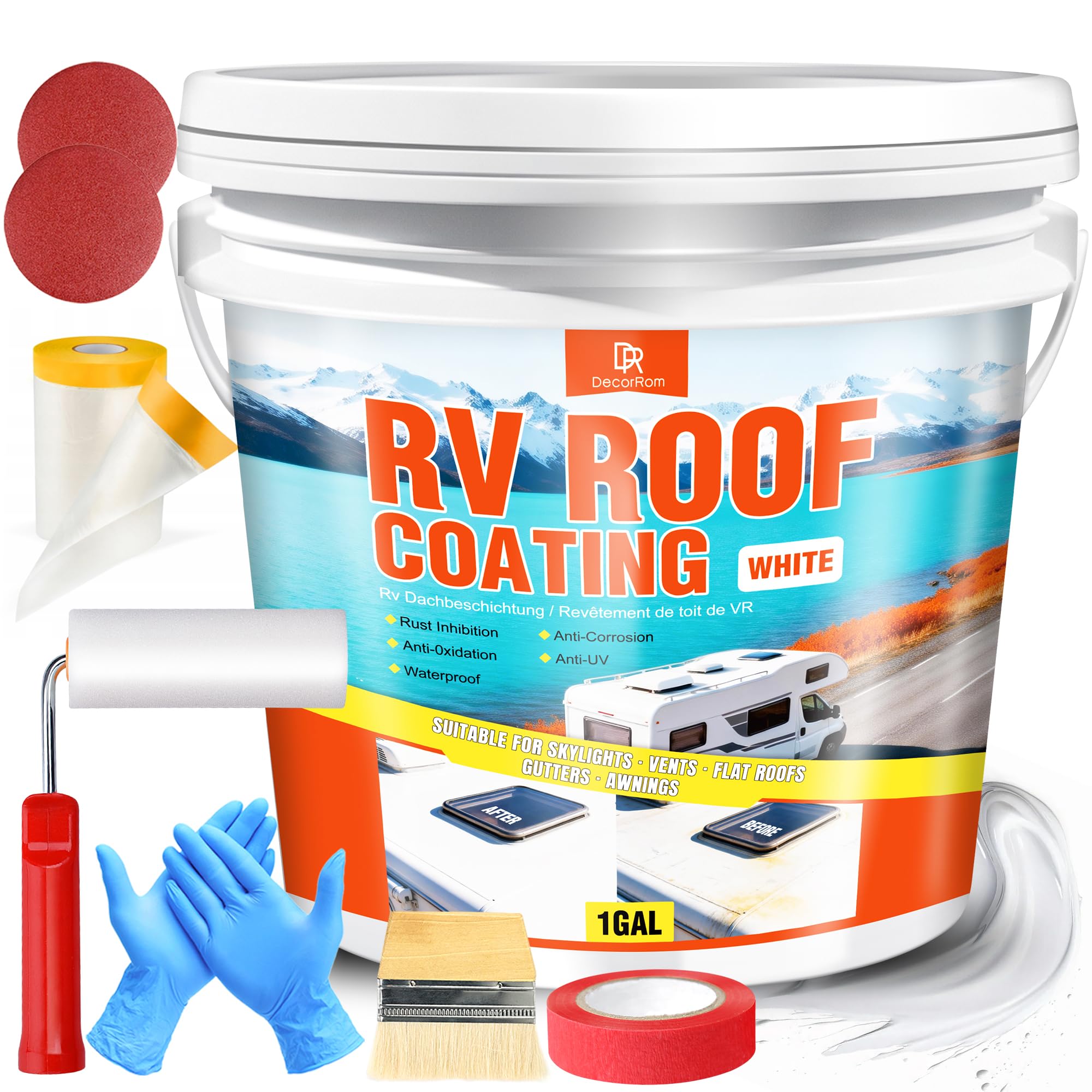 RV Roof Coating, 4L White RV Roof Sealant, Rust Inhibition & UV-Resistant for Repairing and Refurbishing EPDM, TPO, Fiberglass & Aluminum Camper, Travel Trailers Skylights, Vents, Flat Roofs