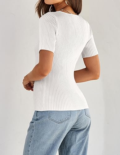 Miniatura 4 de ZESICA Camisetas de manga corta con cuello cuadrado para mujer, ajustadas, de verano, de punto acanalado, básicas, casuales