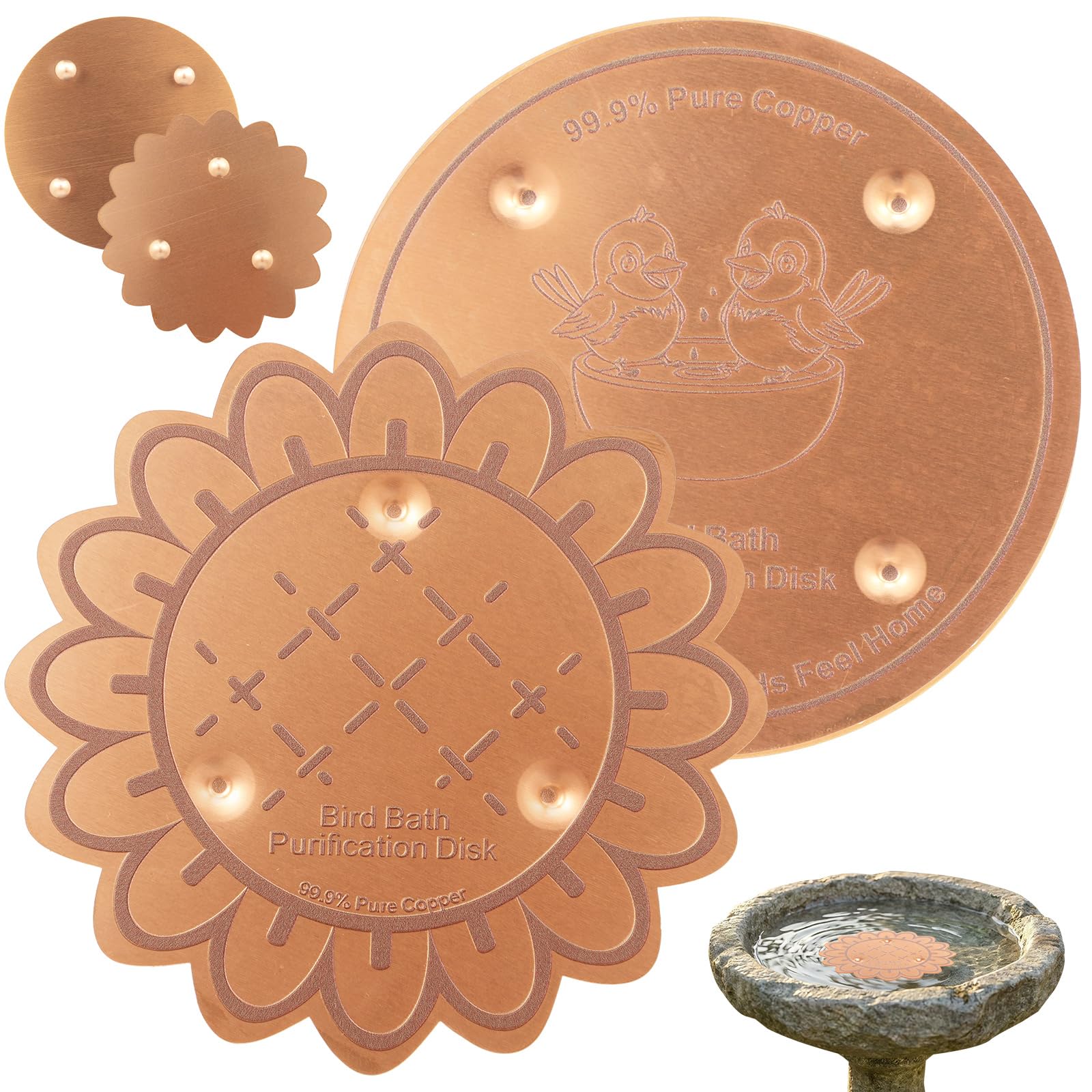 shaojian 2Pcs Bird Bath Copper Disk, 99.99% Pure Copper Disc for Bird Bath, 4inch Outside Birdbath Purification Disks to Keep Outdoor BirdBath Water Fresh(set B)