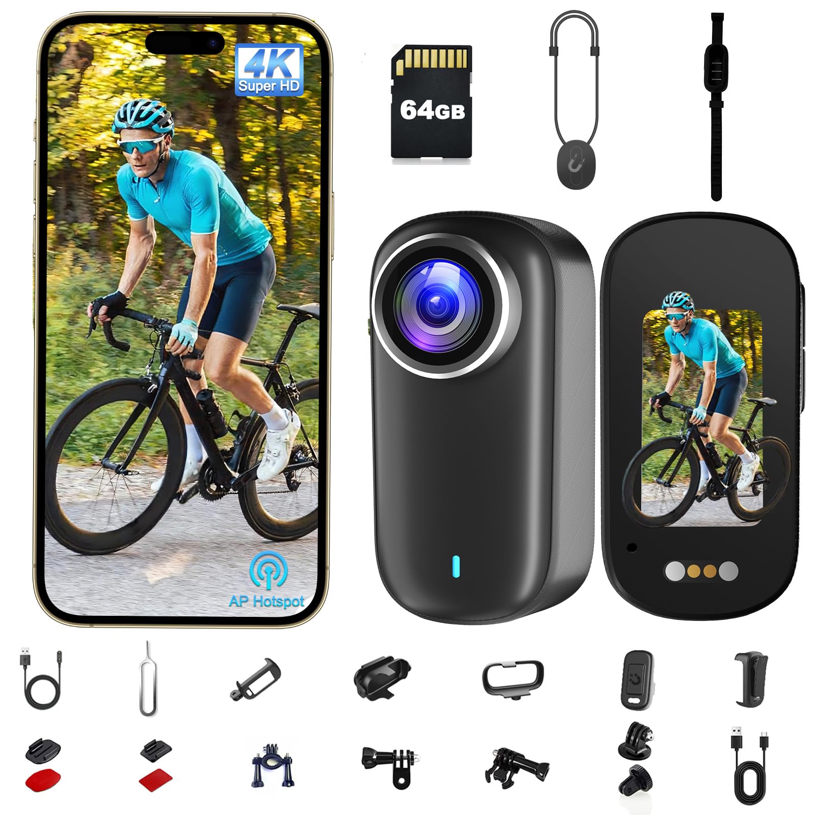 Camera Sport, Mini Camera Vlog POV WiFi 4K Bextgoo, Action Cam avec Carte 64 Go, Caméra Moto étanche IP65, Mini Caméra Portable avec Autonomie Jusqu’à 240 Minutes